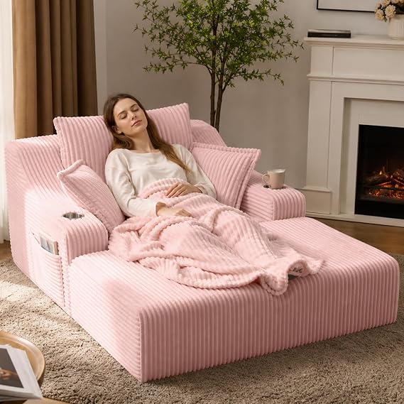 Oversized Chaise Lounge Chair with Cup Holder & Pillows