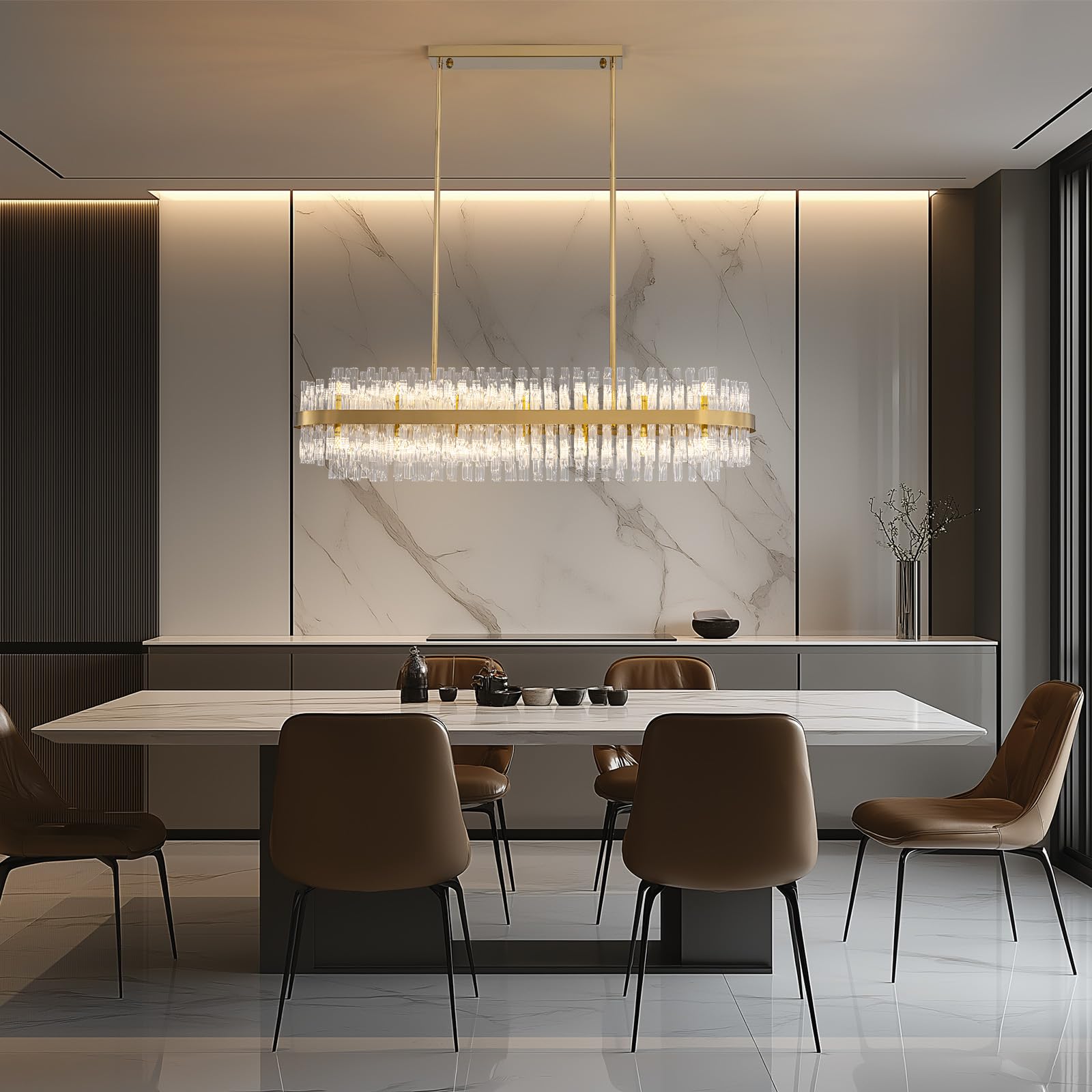 WECHAET 28-Light Modern Gold Rectangle Chandeliers for Dining Room Kitchen Island Light Fixture, 2 Tiers Wave Crystal Glass Chandelier for Living Room, L45.7''