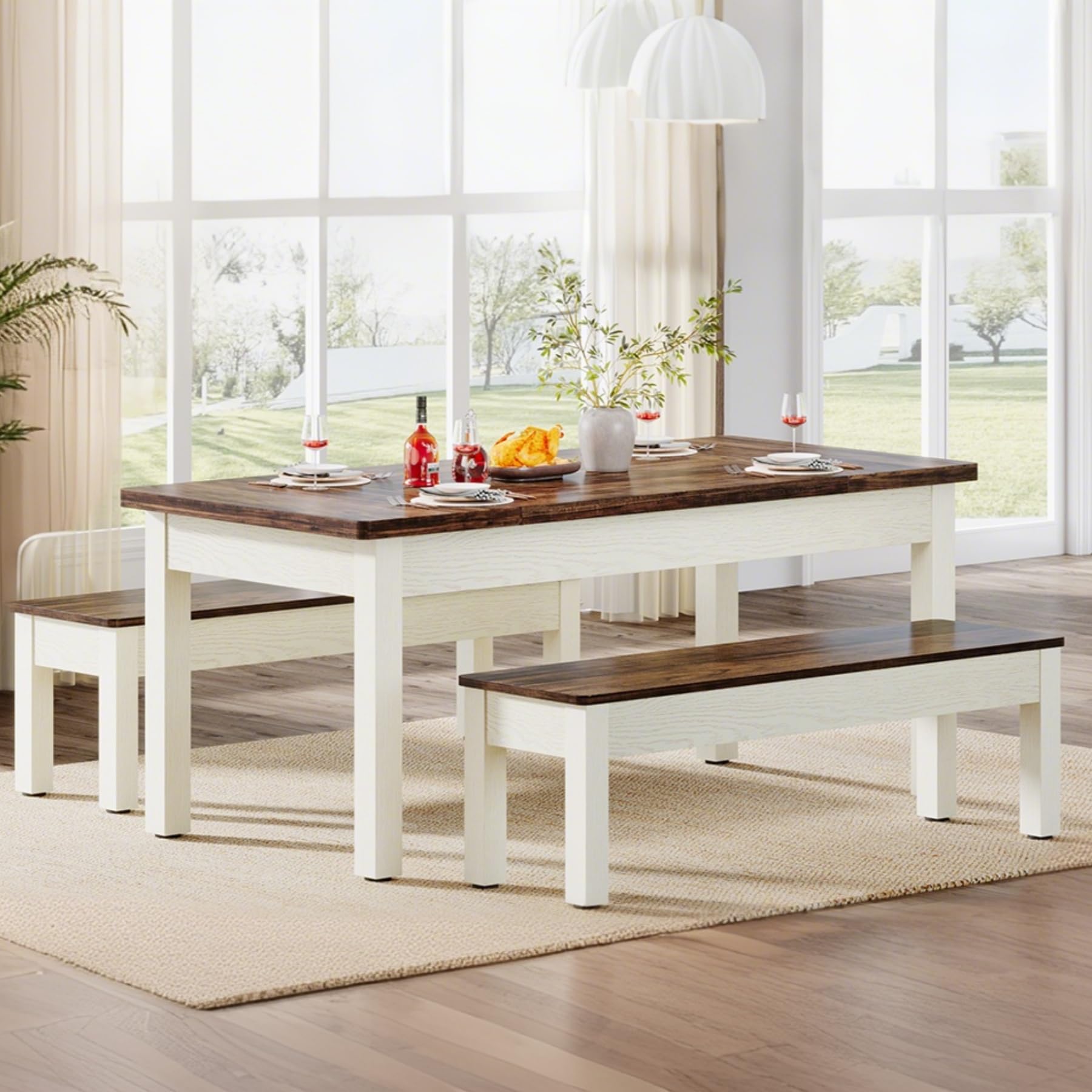 55" Farmhouse Dining Table Set with 2 Benches