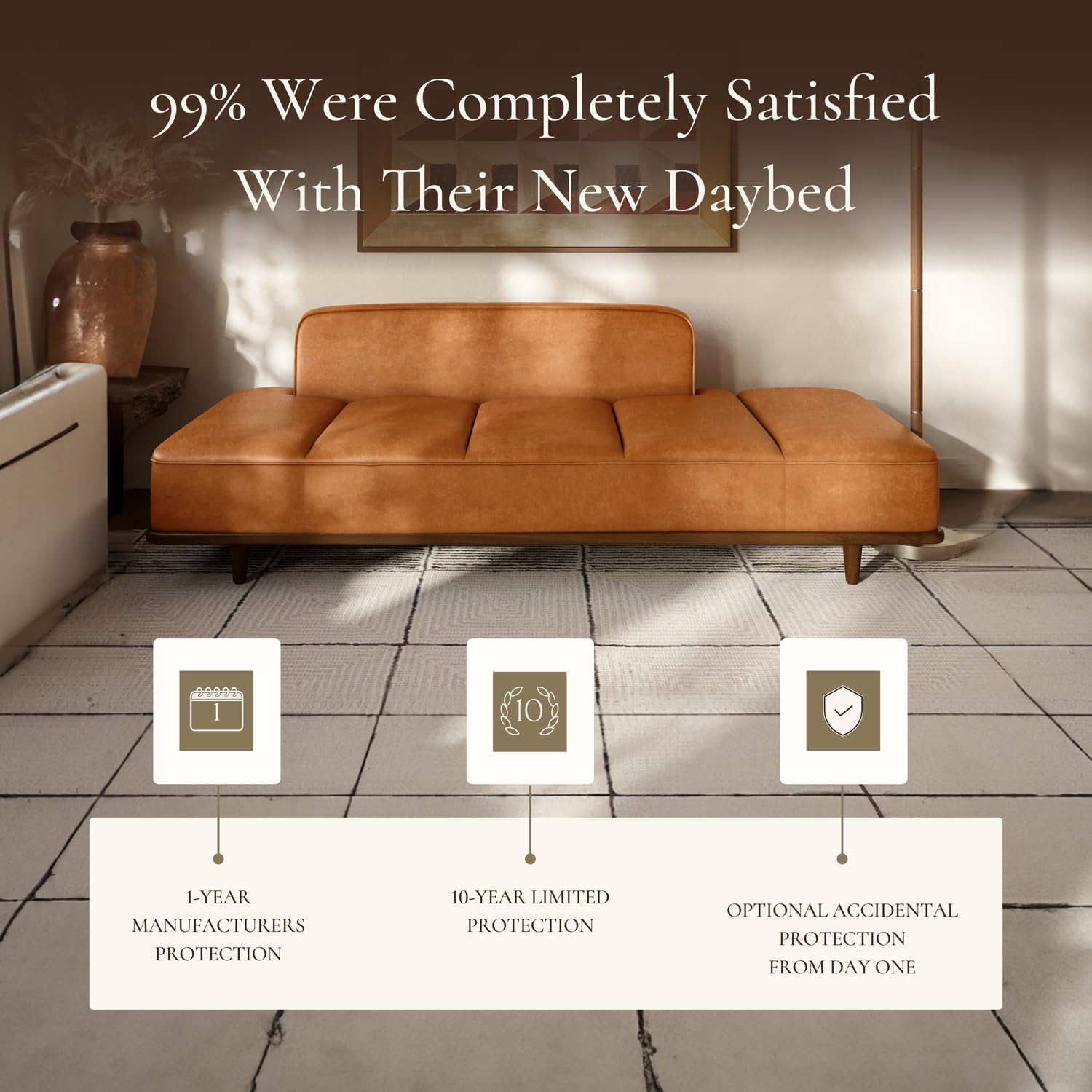 Poly & Bark Jasper Daybed - Cognac Tan - Full-Grain Pure-Aniline Leather Upholstery – Walnut-Stained Ash Wood Frame, 6.6 Feet – Modern Daybed for Living Room or Guest Space – Minimal Assembly