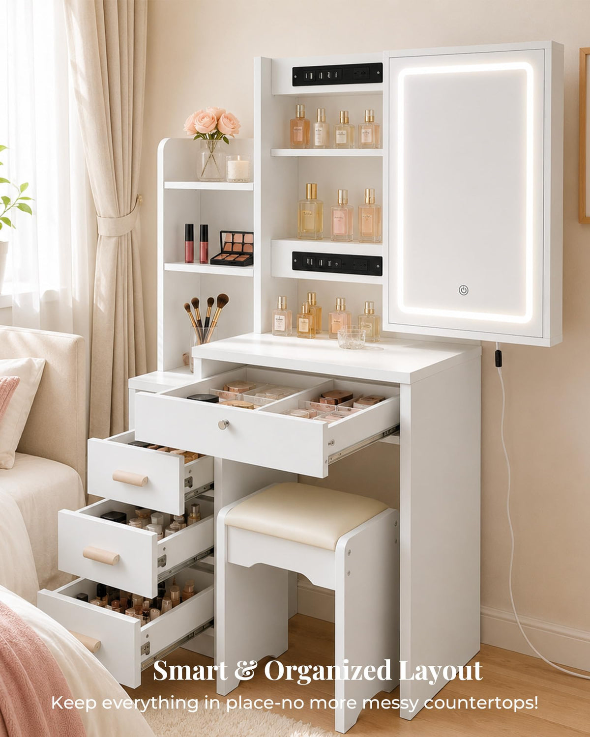 Compact LED Makeup Vanity with Stool