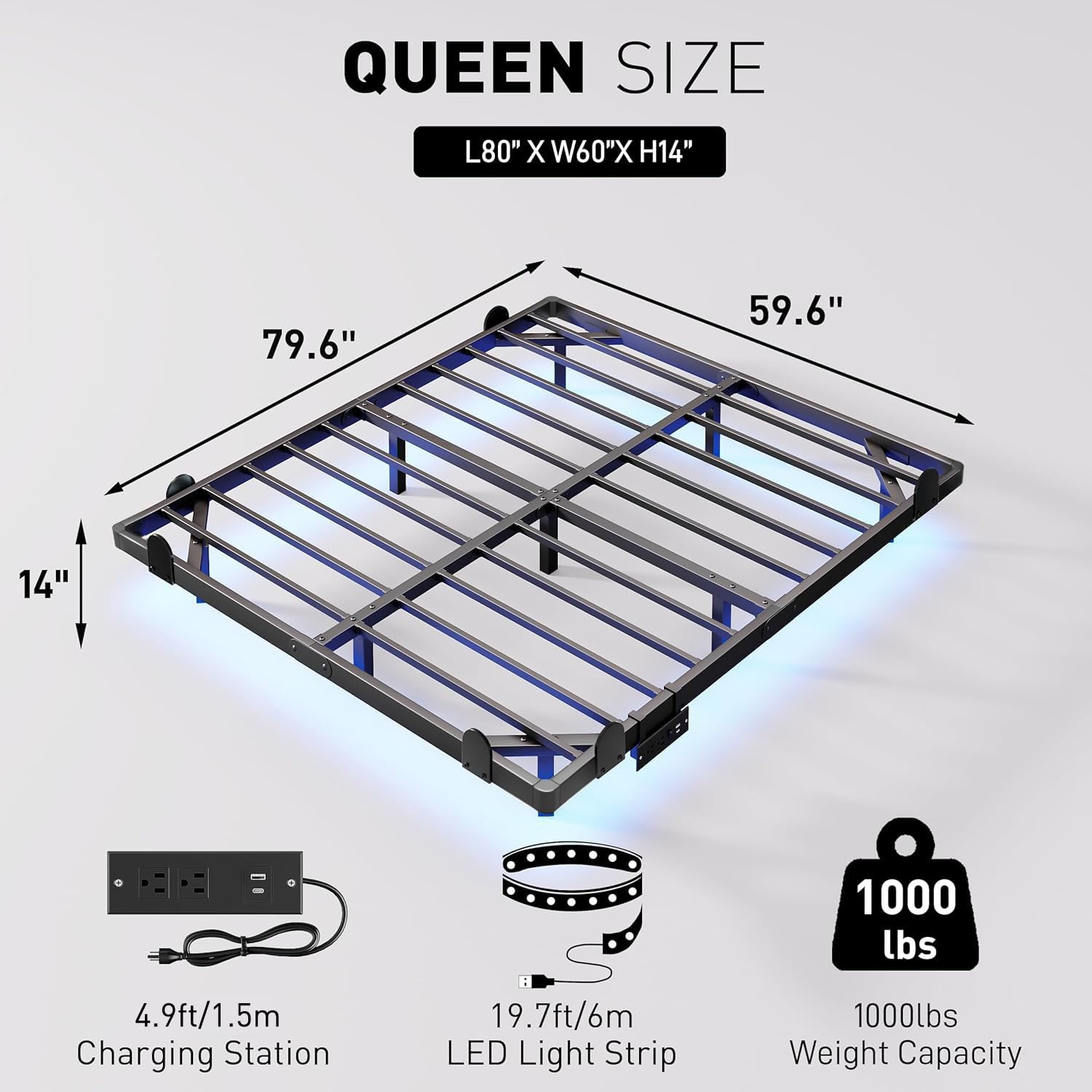 qimamo Floating Queen Bed Frame, 14 Inch Metal Platform Bed with Smart LED Lights & Charging Station, Easy Assembly, No Box Spring Needed