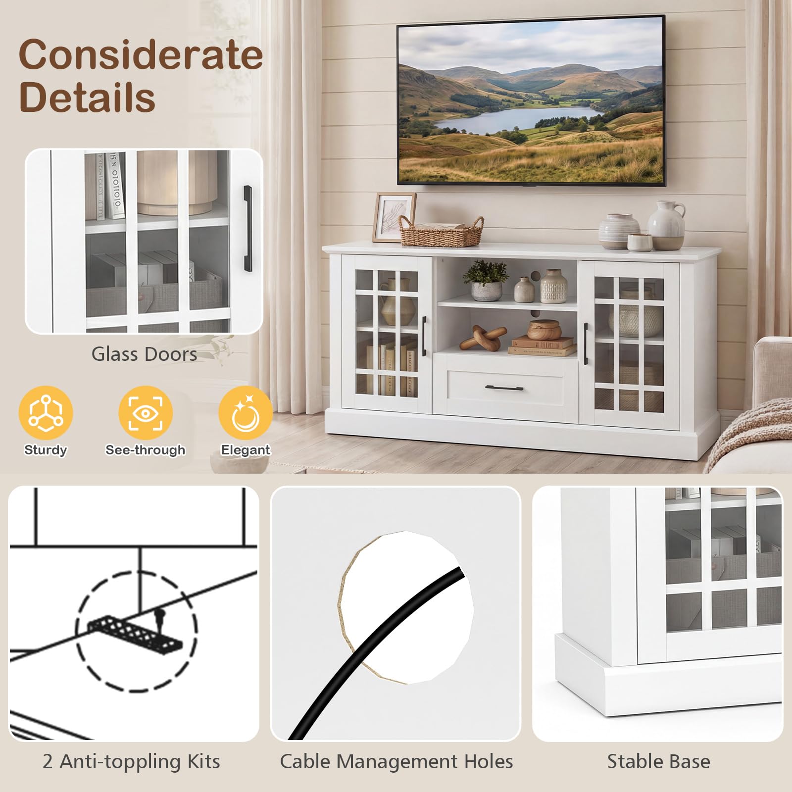 Farmhouse TV Stand with Glass Cabinets & Drawer