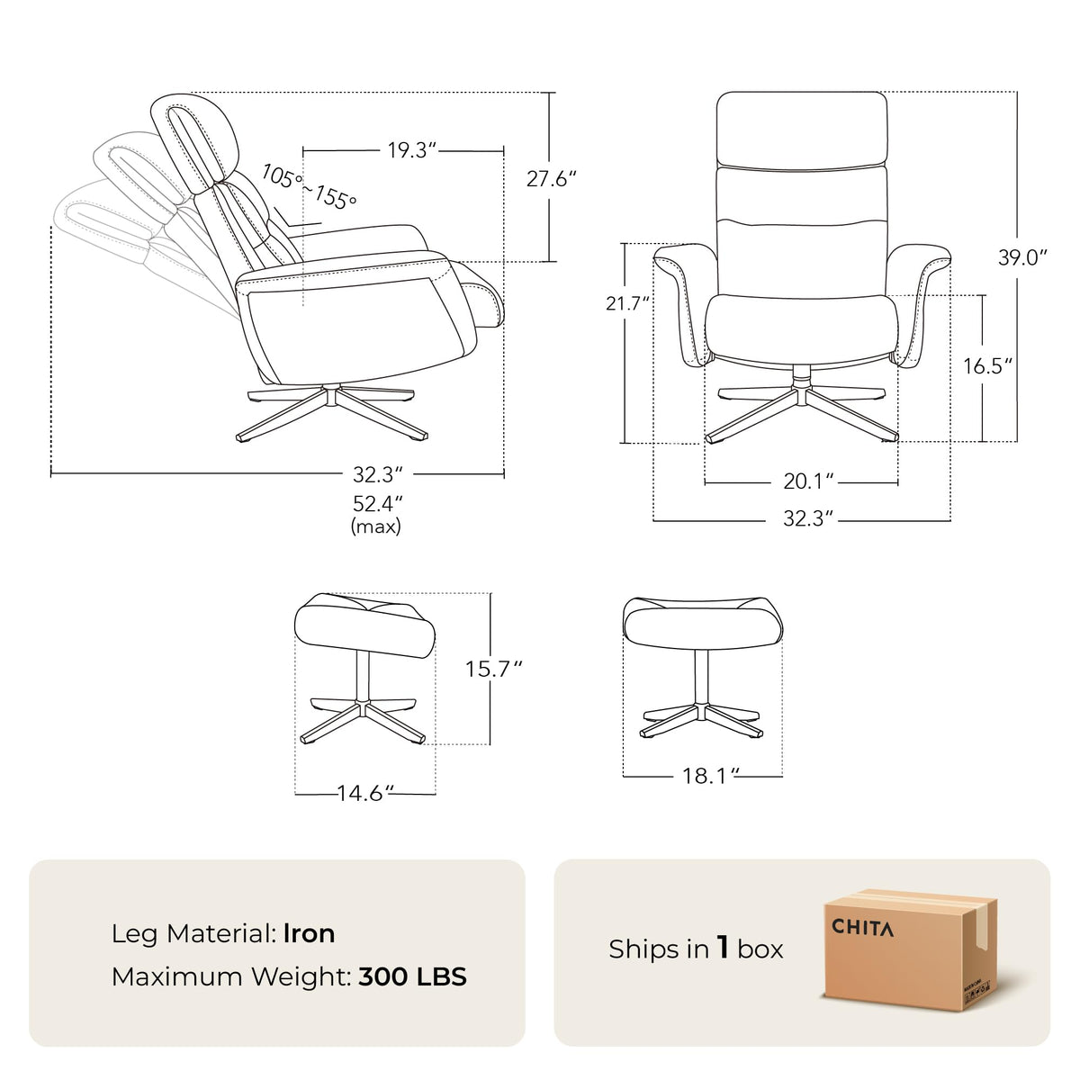 CHITA Genuine Leather Self-Weight Swivel Accent Chair with Ottoman, Saddle