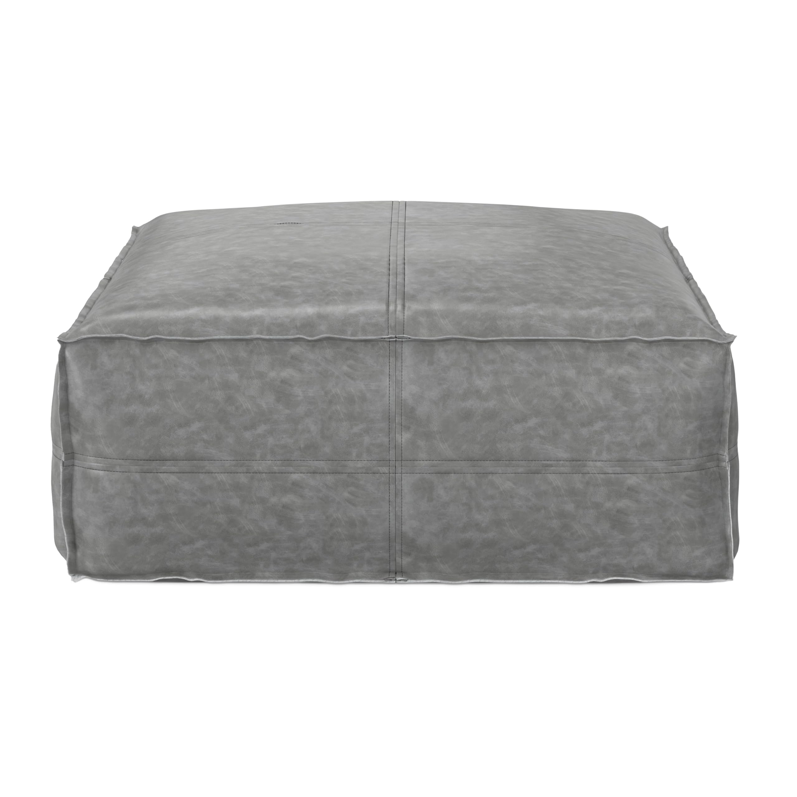 SIMPLIHOME Brody 30-inch Wide Large Square Coffee Table Pouf in Distressed Grey, Vegan Faux Leather Ottoman, Footrest, or Extra Seating for Living Room, Assembled