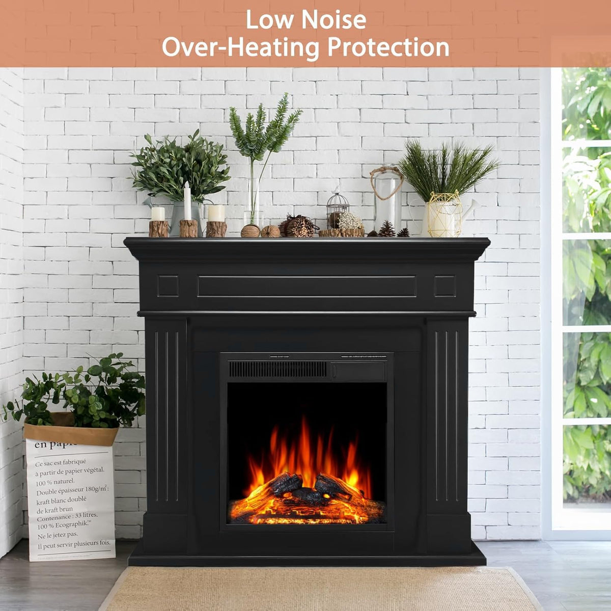 Xbeauty 44" Electric Fireplace with Mantel, Freestanding Fireplace Heater, 750–1500W LED Log Firebox with Remote Control for Living Room, Office, Black