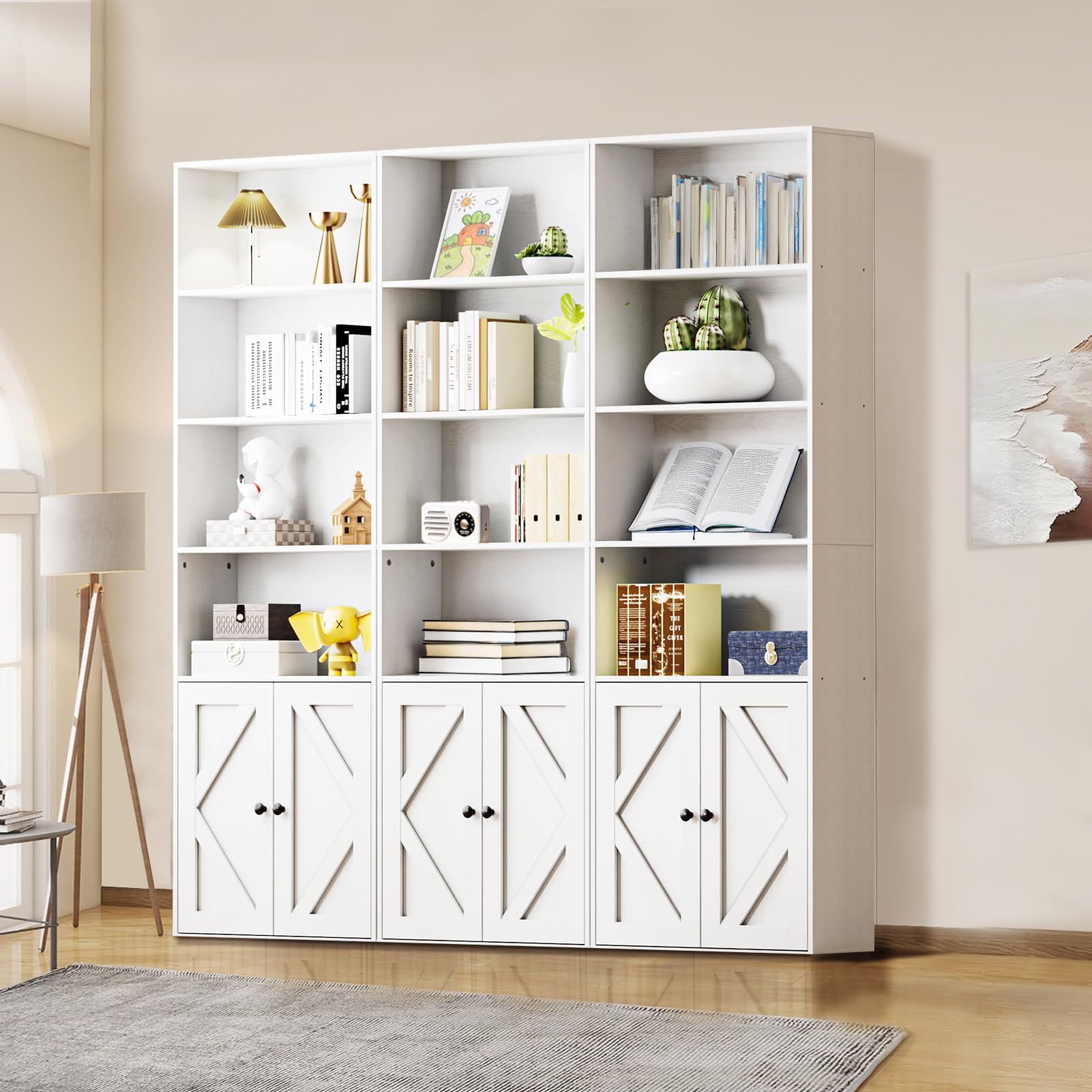 Shoueryaes Bookshelf, 6-Tier Floor Bookcase with 2 Bottom Doors, 9.29"x23.62"x70.86", Storage Cabinet Bookshelves for Home Office, Living Room, Bedroom-White