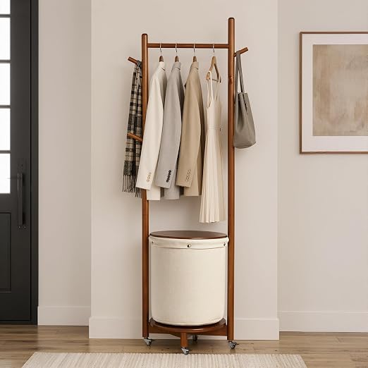 Rolling Wood Coat Rack with Basket