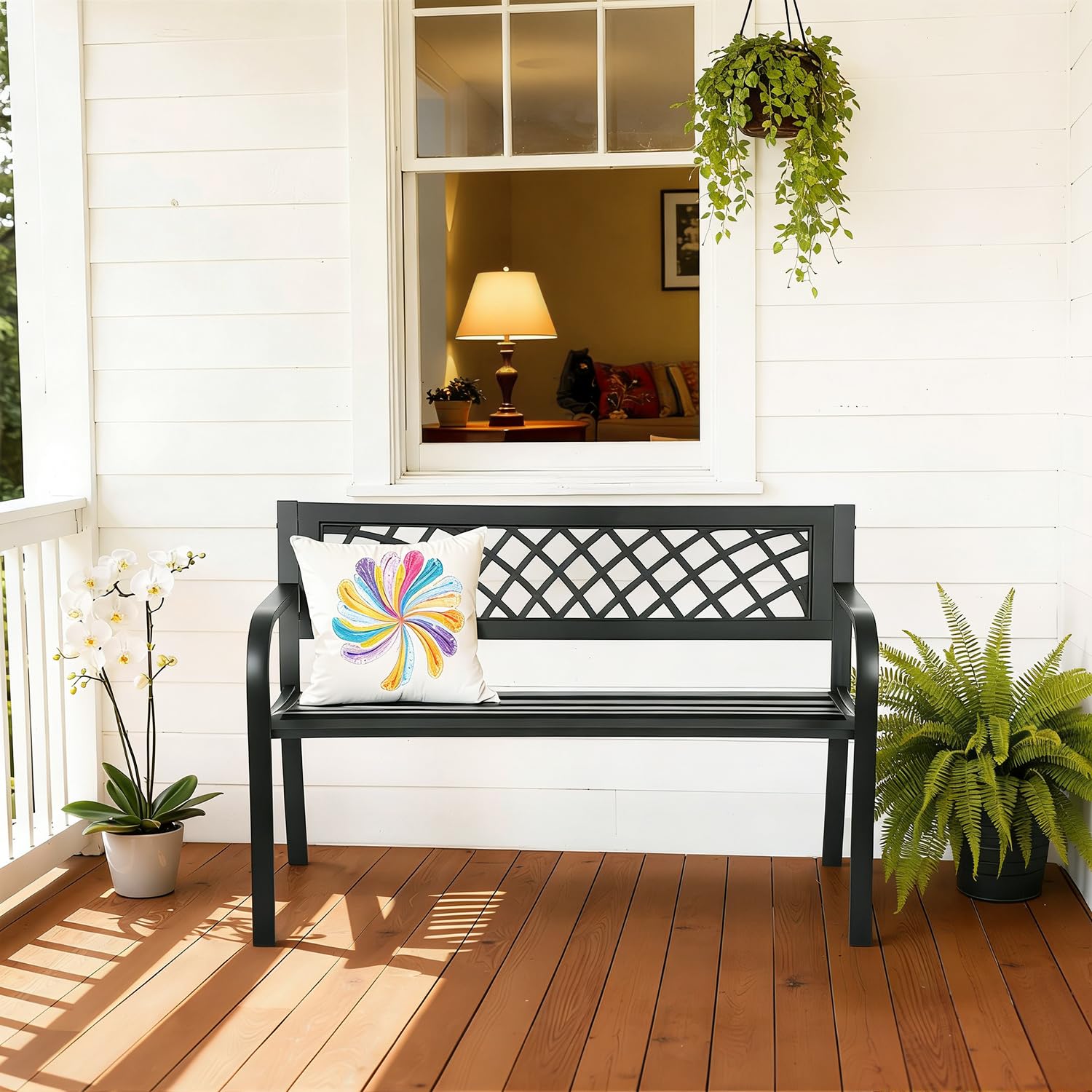 Outdoor Metal Garden Bench with Mesh Backrest