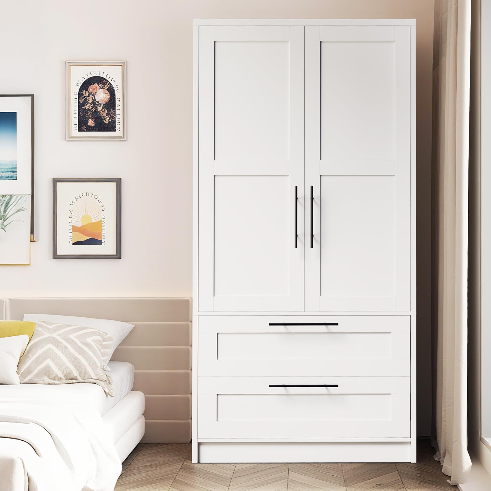 2-Door Wardrobe Armoire with Drawers & Hanging Rod