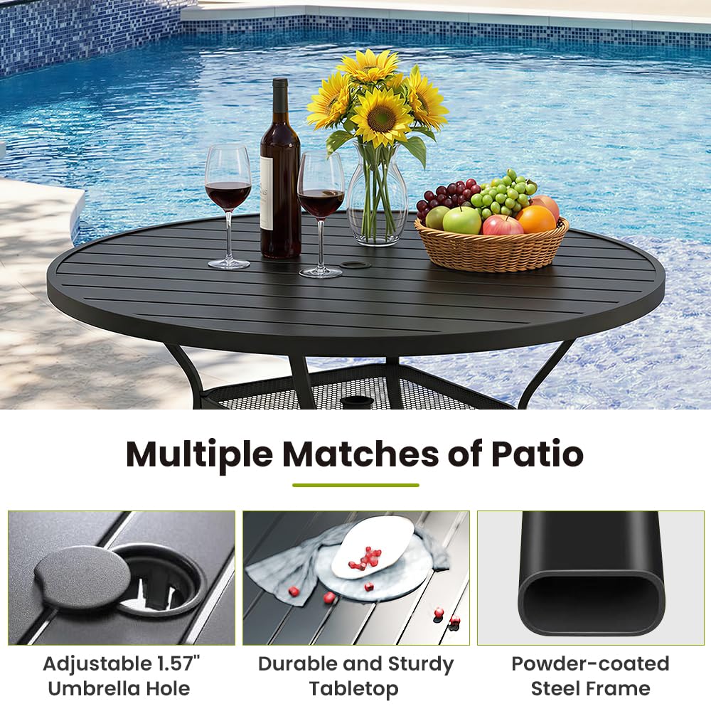 KWKSV 55.1 Inch Outdoor Dining Table for 6 – E-Coating Metal Round Patio Table with Adjustable 1.57" Umbrella Hole, All-Weather Table for Porch, Garden, Backyard, Poolside, Lawn