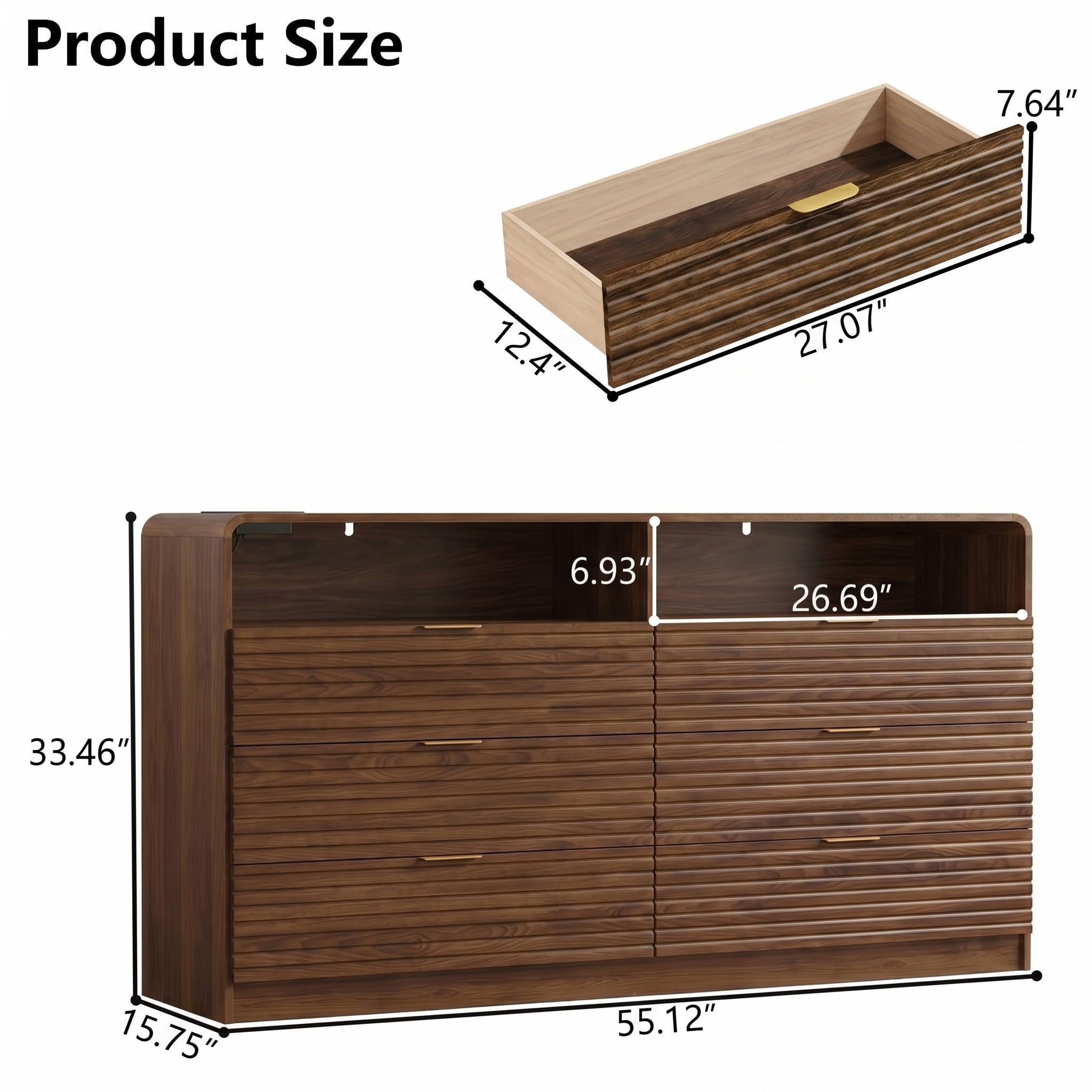 Gyfimoie 55'' Wide Fluted 6 Drawers Dresser with 2 Cubbies, LED Dressers & Chests of Drawers with Power Outlet, Fluted Dresser for Bedroom with Rounded Corners (Walnut)