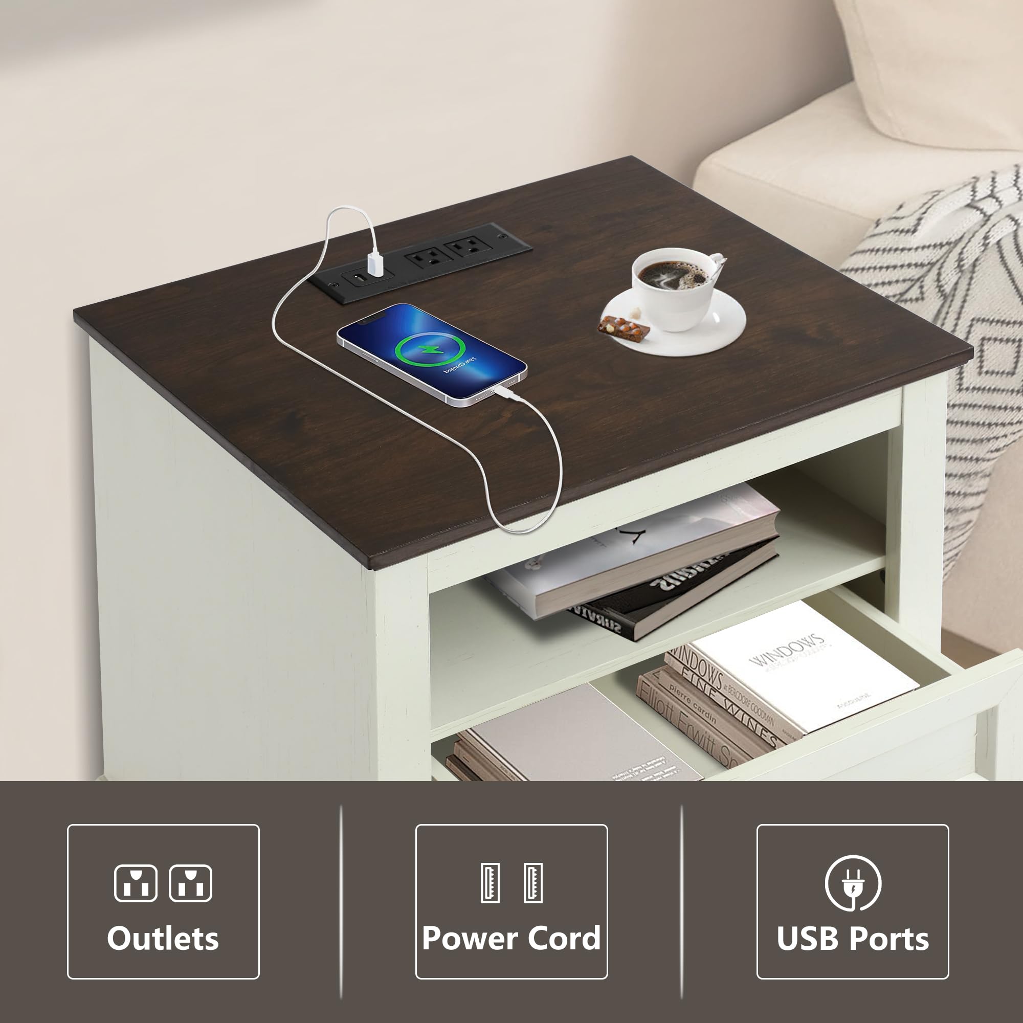 LOUVIXA Farmhouse Bedroom Sets of 4, 4Pcs Farmhouse Dresser Set，Including 9 Drawer Dresser, 5 Drawer Dressers and Nightstand Set of 2 with Charging Station (White Sets, 4 Pieces)