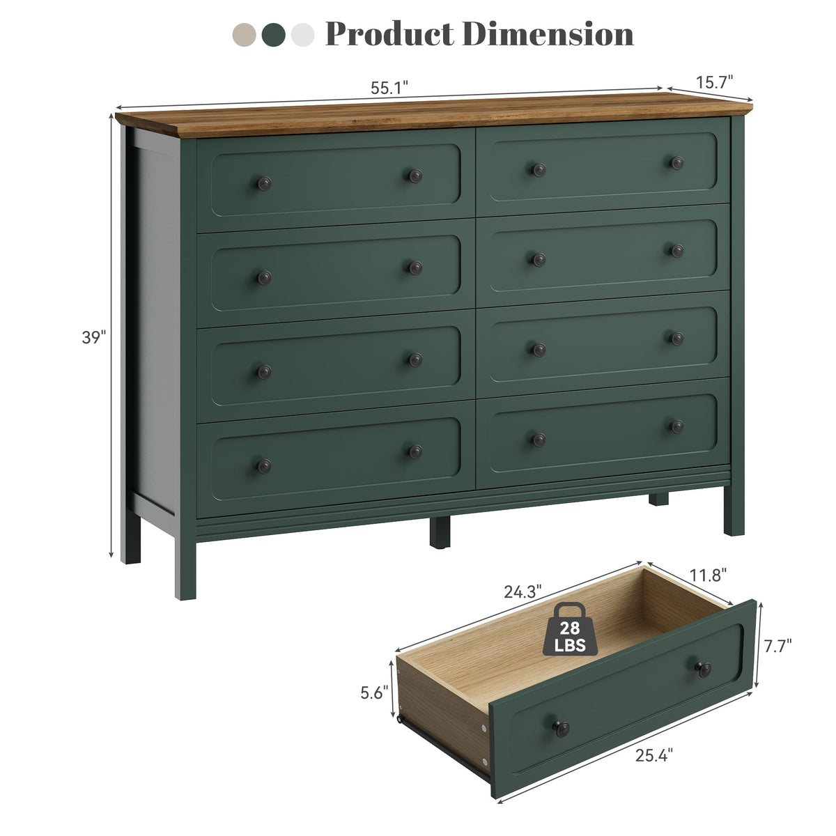 CARPETNAL 55" Green Dresser for Bedroom with 8 Drawer & Deep Drawers