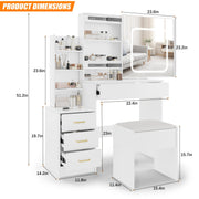 Garvee Vanity Desk with Sliding LED Mirror, Makeup Dressing Table with 4 Drawers, Storage Shelve, Power Outlet & Cushioned Stool, Adjustable 3 Lighting Modes, Modern Vanity Set for Bedroom, White