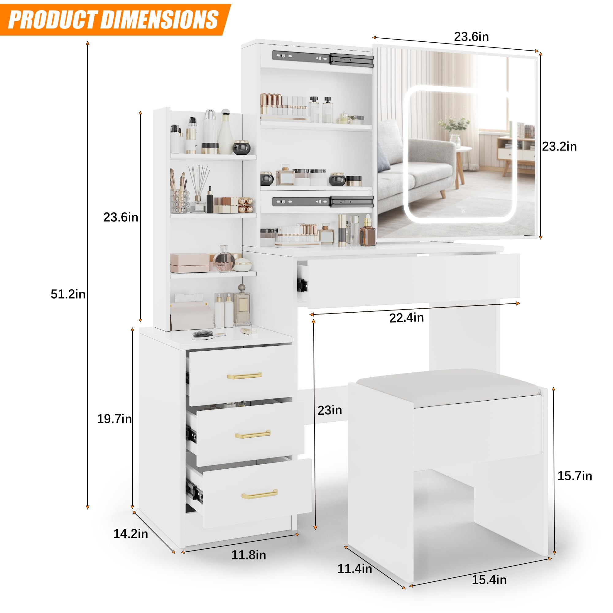 Garvee Vanity Desk with Sliding LED Mirror, Makeup Dressing Table with 4 Drawers, Storage Shelve, Power Outlet & Cushioned Stool, Adjustable 3 Lighting Modes, Modern Vanity Set for Bedroom, White