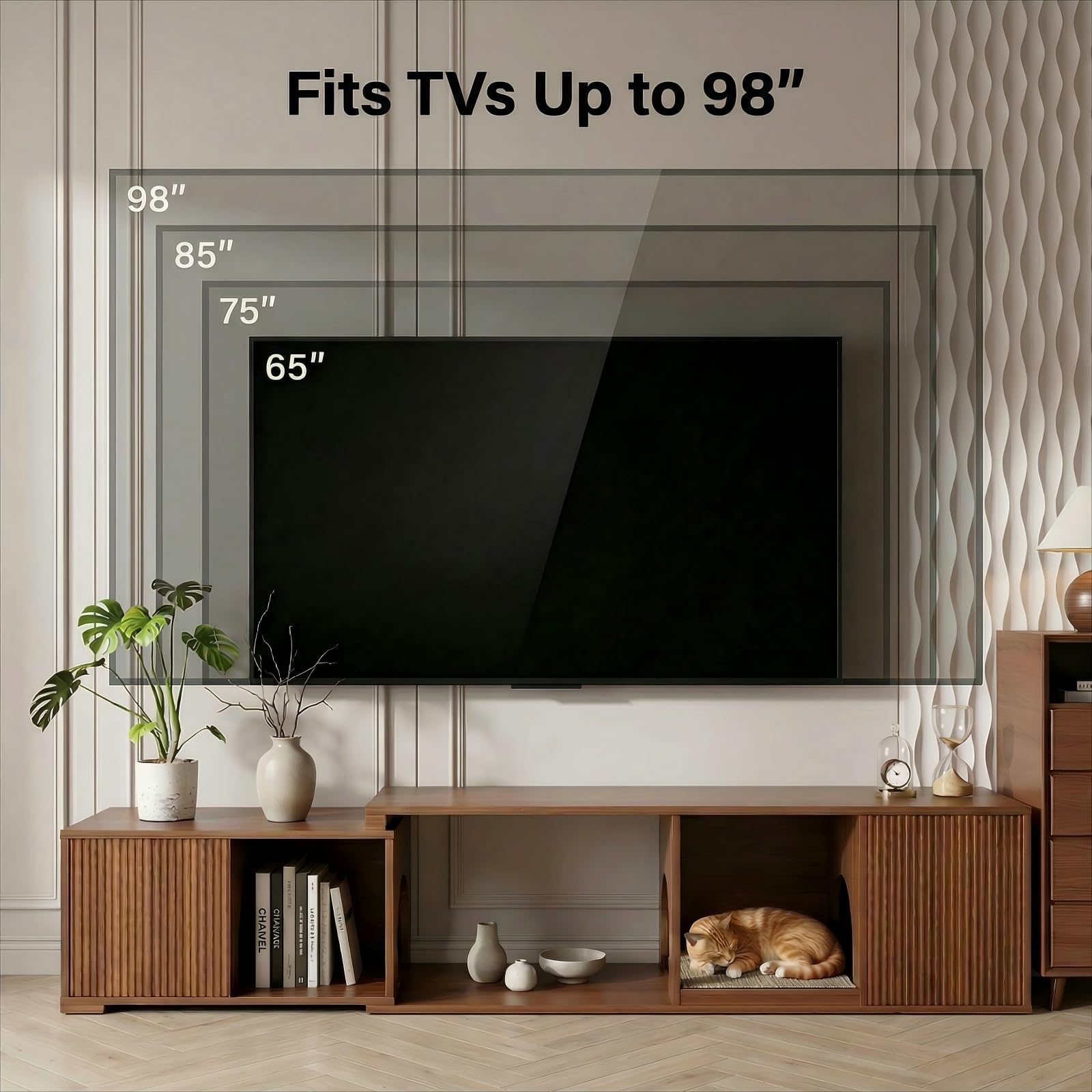 VELTENOVAIRE Extendable TV Stand with Cat House & Built-in Scratcher, Mid-Century Modern Wood Media Console for TVs up to 85+ Inches, Fluted Doors & Hidden Storage for Living Room, Walnut