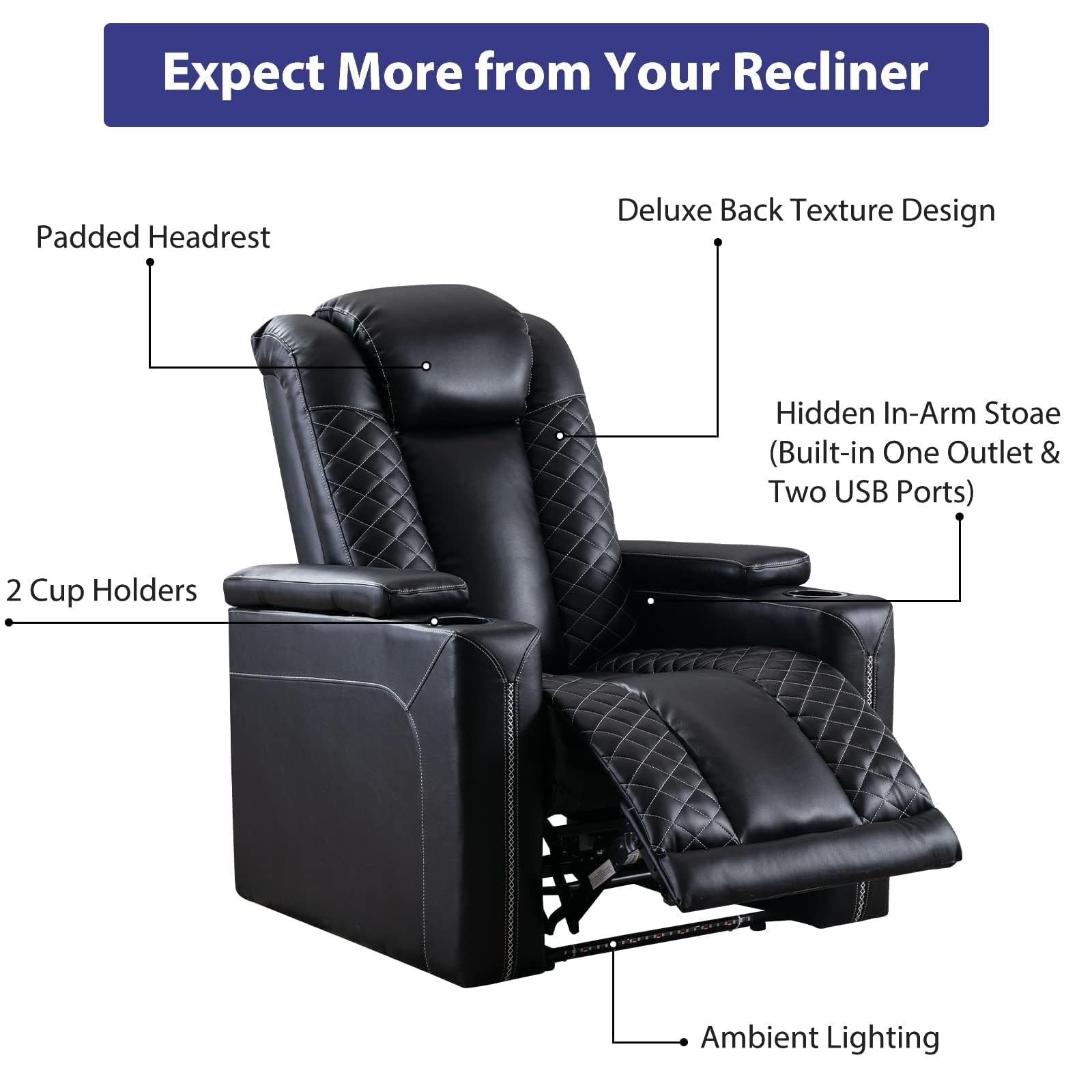 Power Electric Recliner Chair with USB Ports & Cup Holders