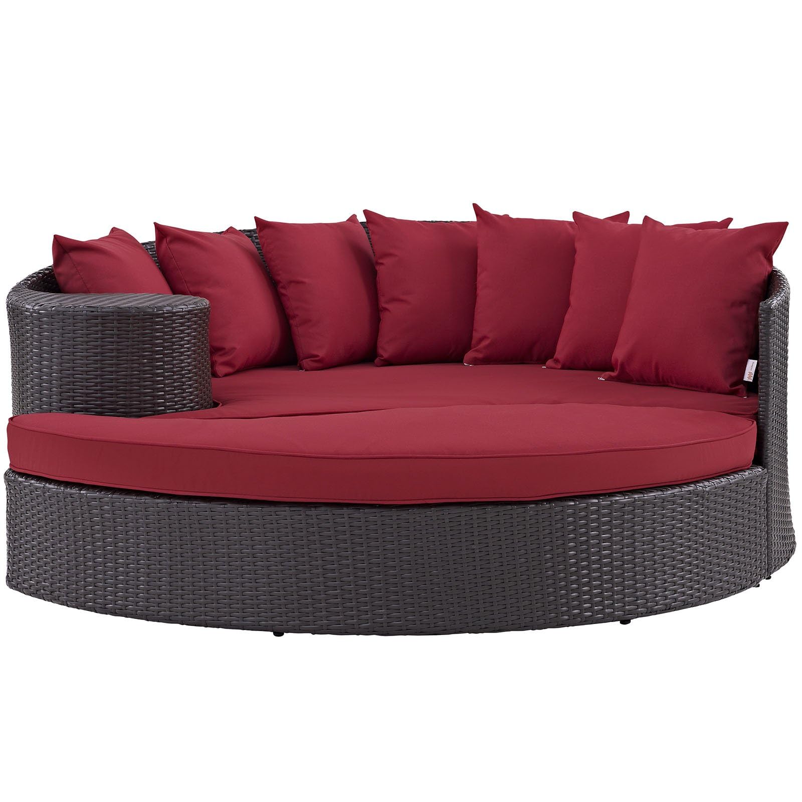 BOWERY HILL Aluminum and Rattan Patio Daybed, Espresso Frame with Red Cushions, 28.5" H x 71" W x 76" D, Outdoor UV/Water Resistant Lounge Sofa for Patio, Backyard, Poolside Use