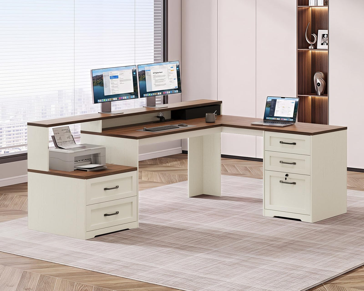 OffiGo Farmhouse 68 Inch L Shaped Executive Desk with Drawers, Walnut+White
