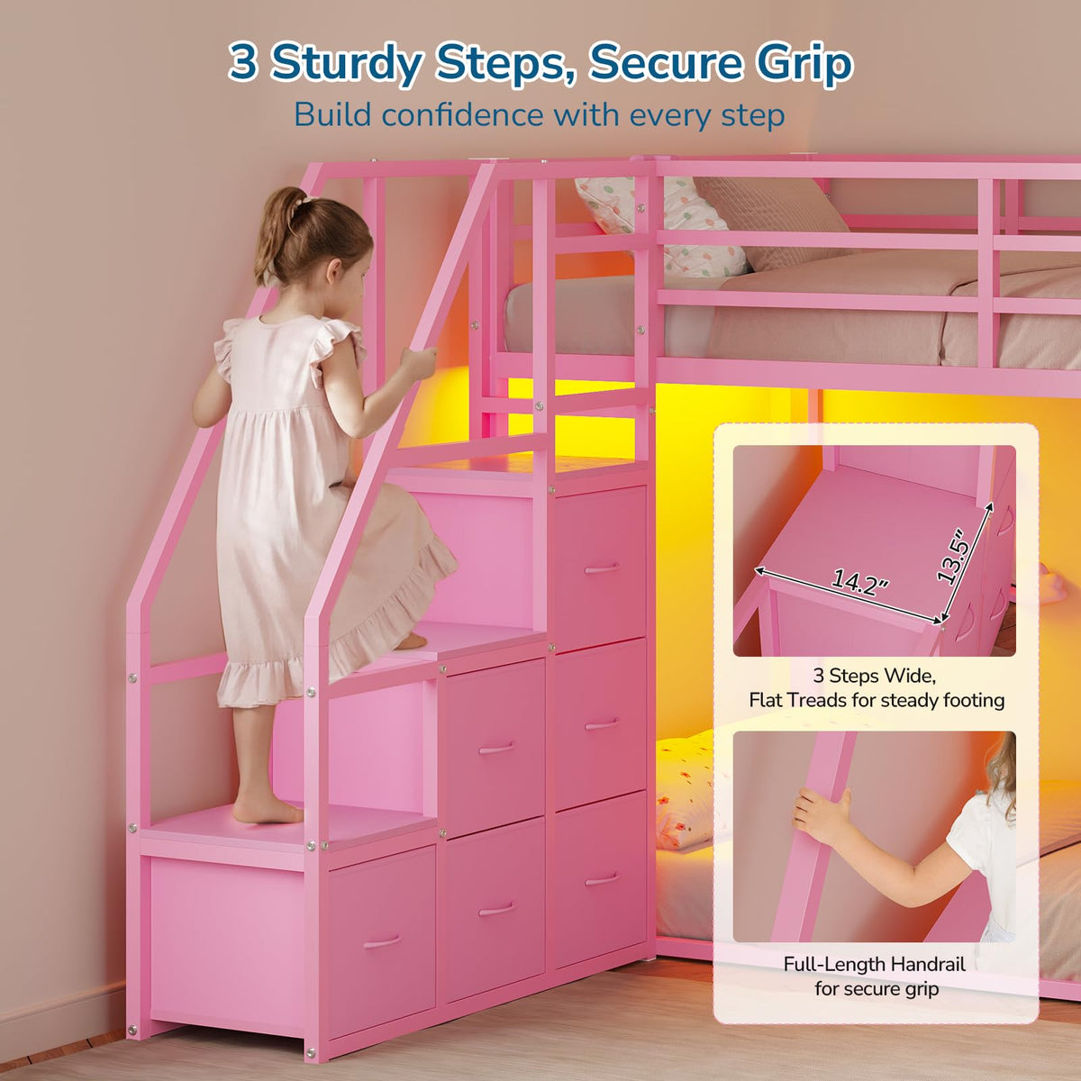 Twin Bunk Bed with Storage & LED Lights