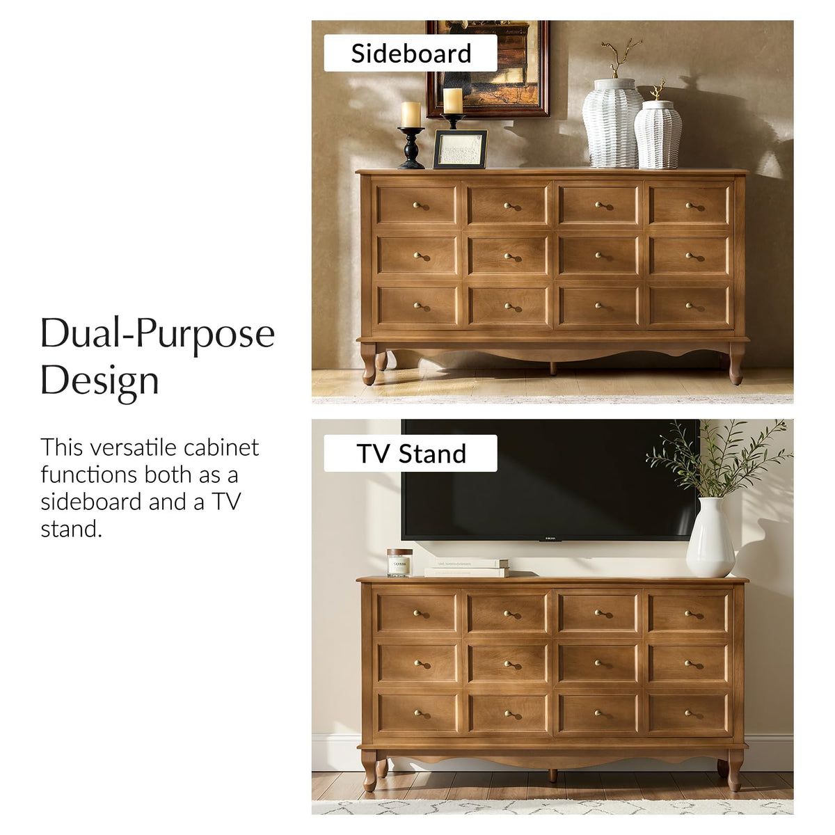 HULALA HOME Transitional Solid Wood Sideboard with Adjustable Shelves, 58" Spacious Storage Sideboard, Versatile Kitchen Buffet Cabinet with Solid Wood Legs, Acorn