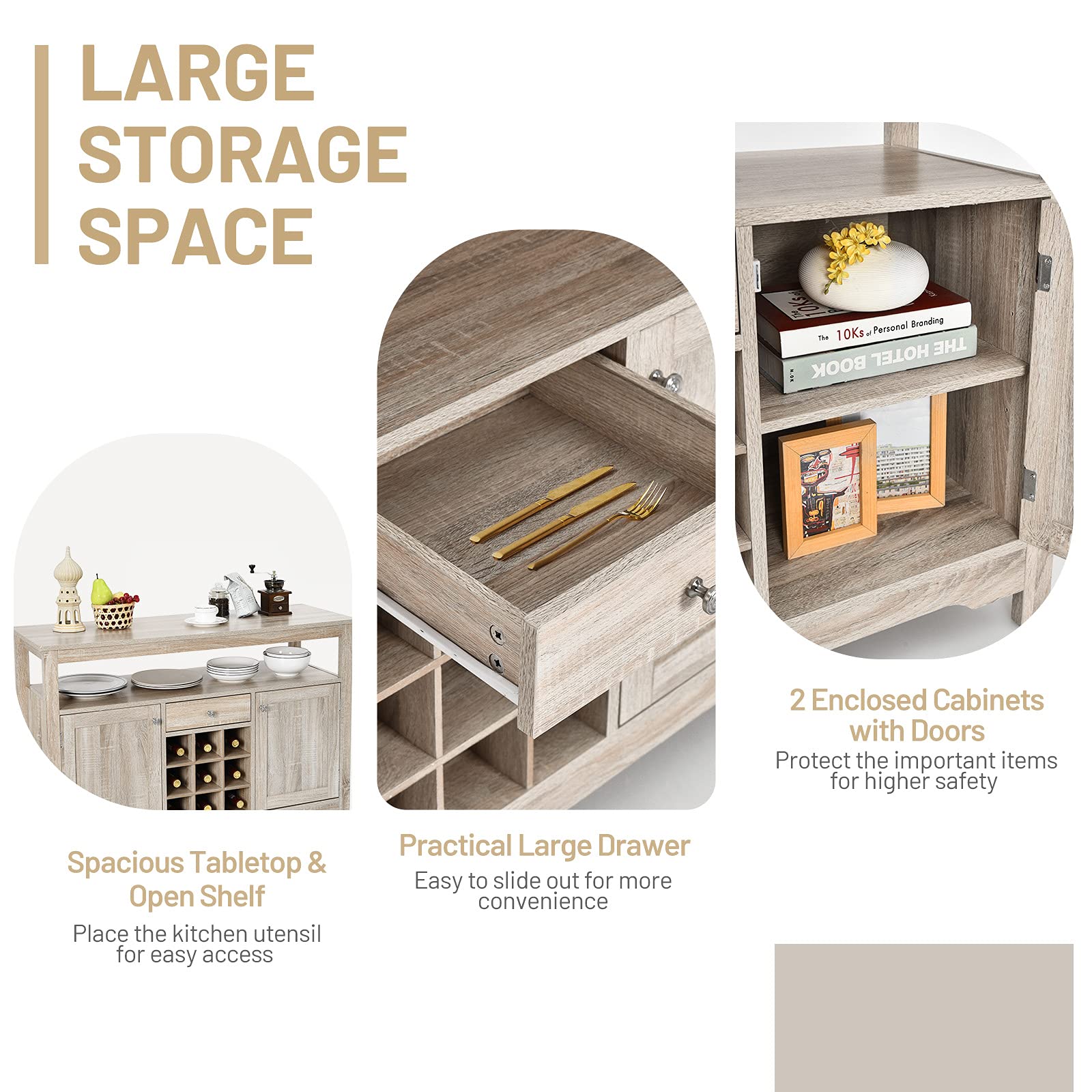 Giantex Buffet Server Sideboard, Console Wood Dining Table, Cupboard Table with 2 Cabinets, 1 Drawer and 9 Wine Cabinets, Storage Organizer Kitchen and Dining Room (Gray)