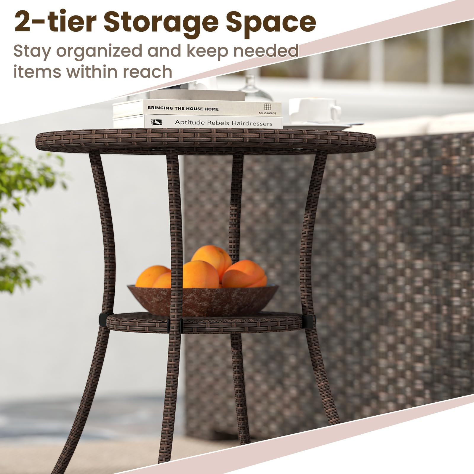 Round Wicker Patio Side Table with Tempered Glass Top & Storage Shelf