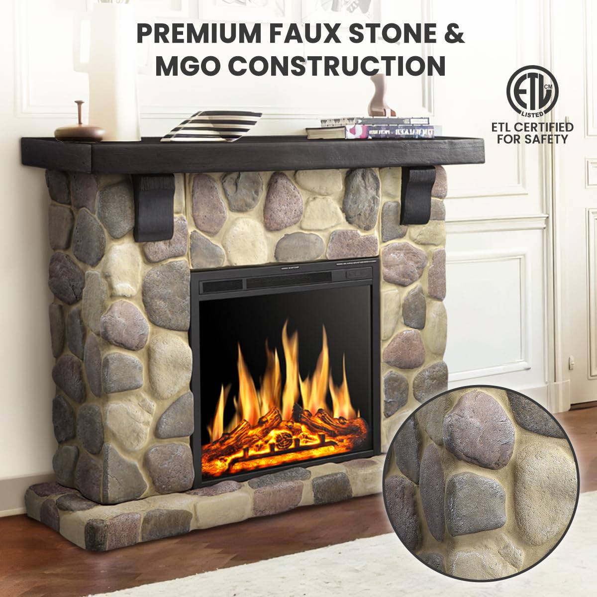 Electactic 50" Electric Fireplace TV Stand with Faux Stone Mantel, Round