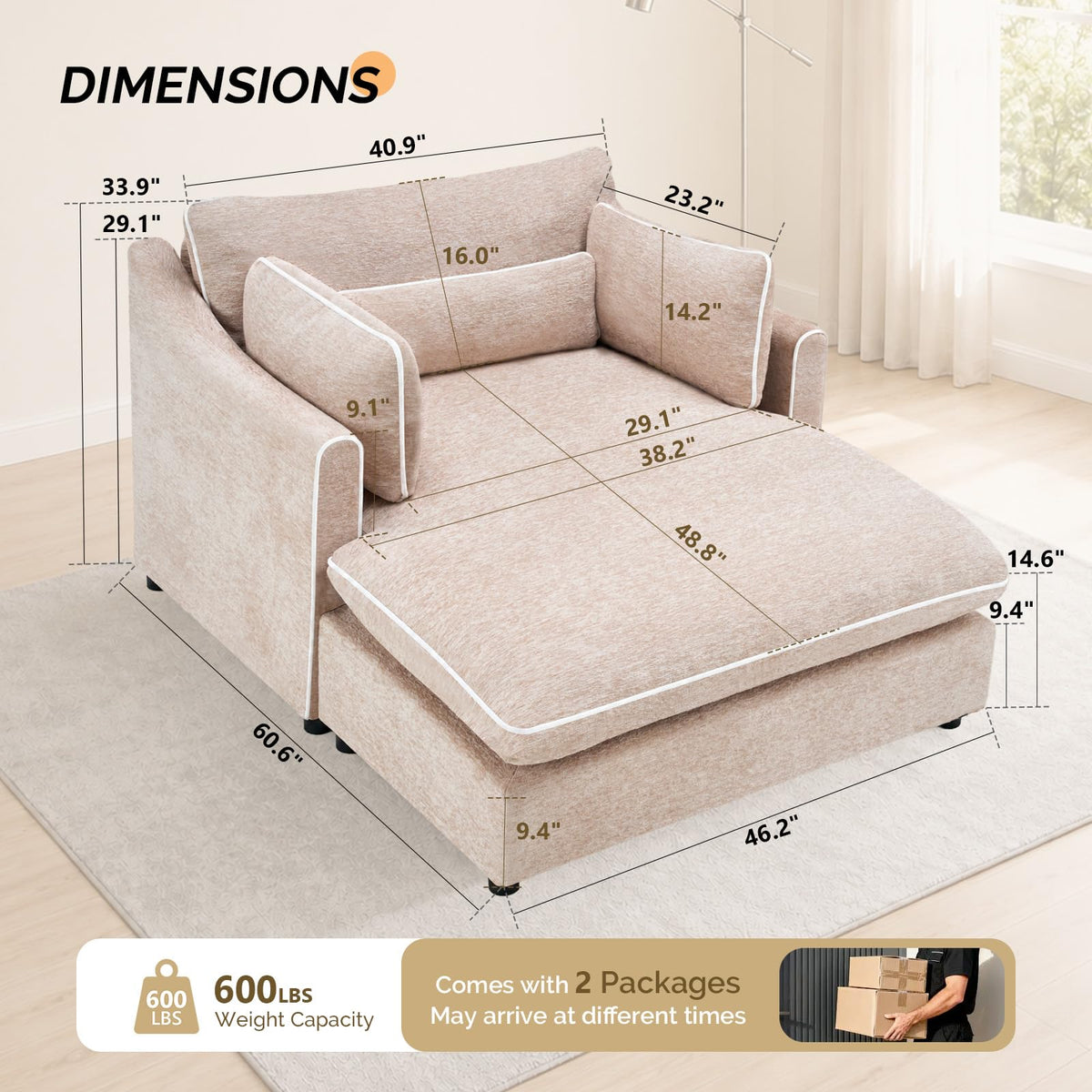 VINGLI Oversized Chaise Lounge Chair Indoor, Modern Sleeper Sofa Chair Bed