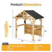 Outdoor Wood Bar Pavilion with Galvanized Steel Roof, Patio Bar Counter with Storage Shelves, All-Weather Backyard Entertaining Station for BBQ, Pool Party, Garden Deck
