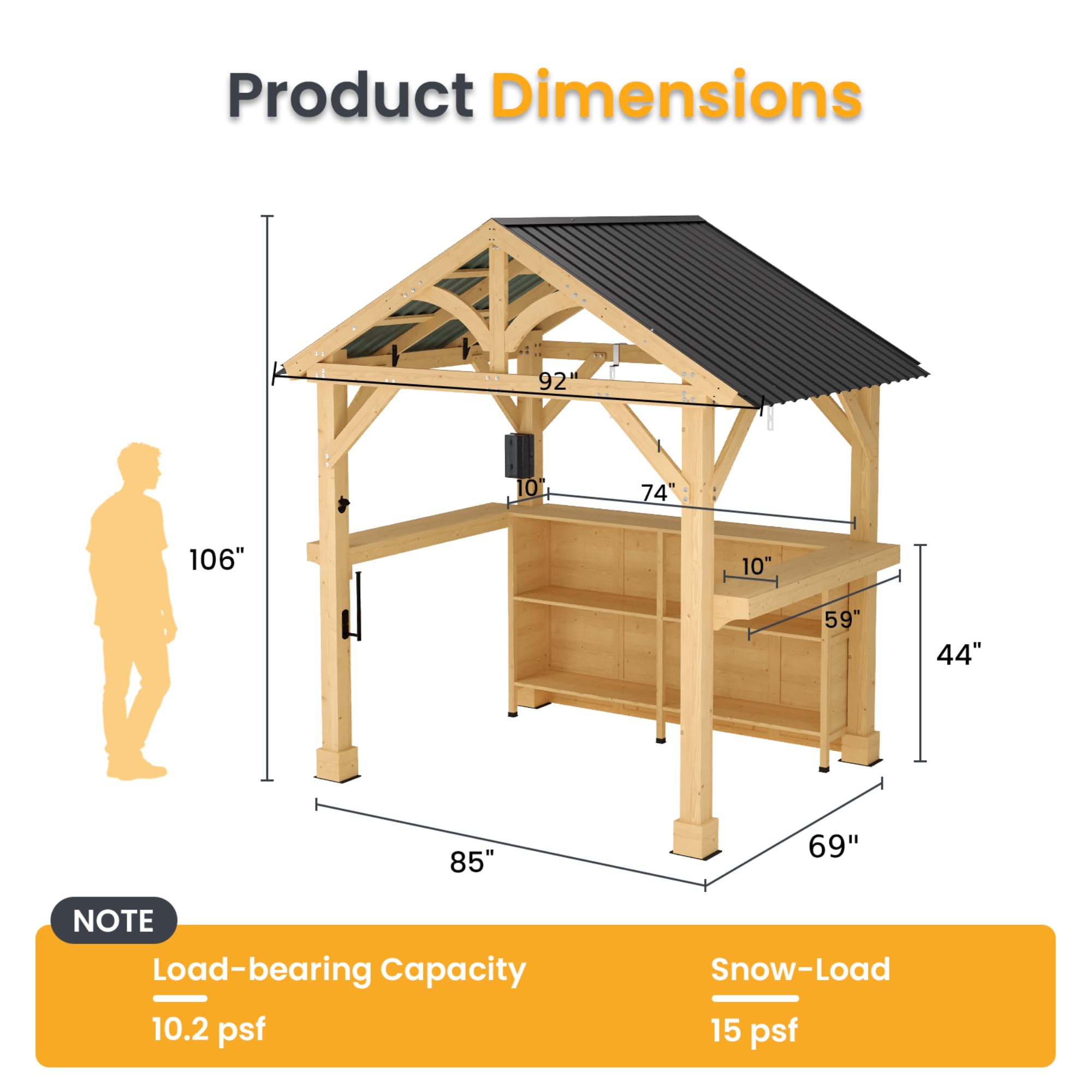 Outdoor Wood Bar Pavilion with Galvanized Steel Roof, Patio Bar Counter with Storage Shelves, All-Weather Backyard Entertaining Station for BBQ, Pool Party, Garden Deck