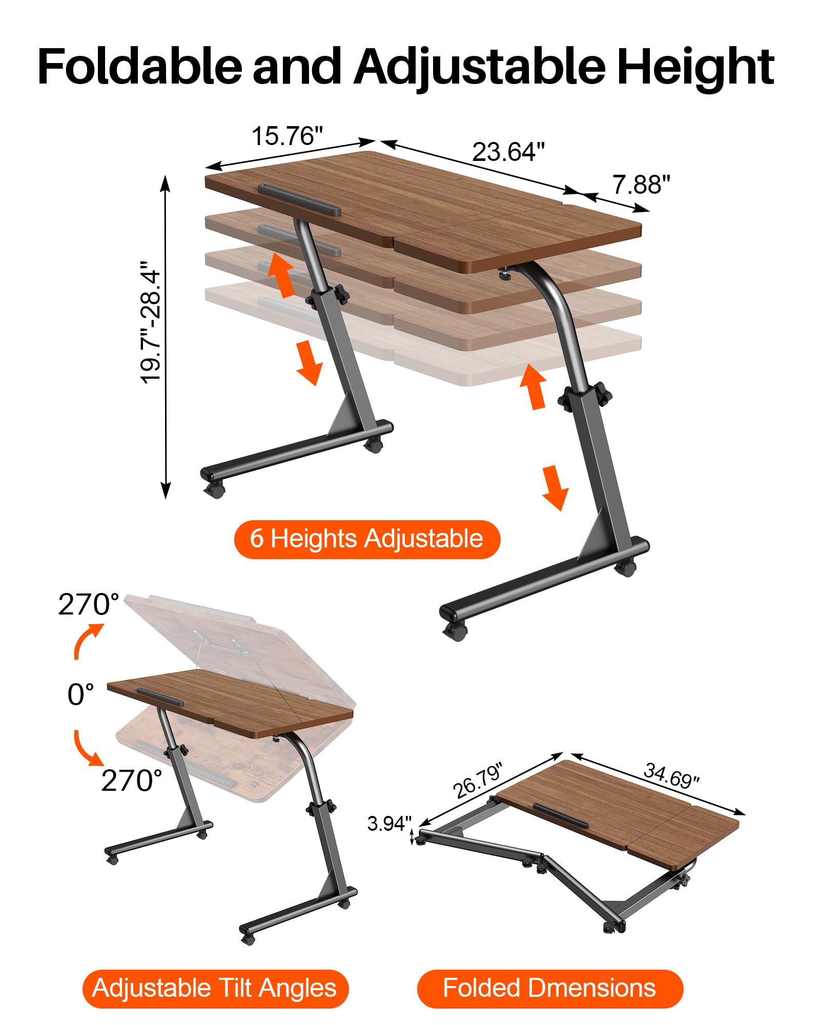 Forjarn TV Tray Table, Mobile TV Dinner Trays for Eating on Couch, Folding Side Desk with Wheels, Tilt & Height Adjustable Snack Table Laptop Desk for Sofa Living Room Bedroom & Office (Brown)