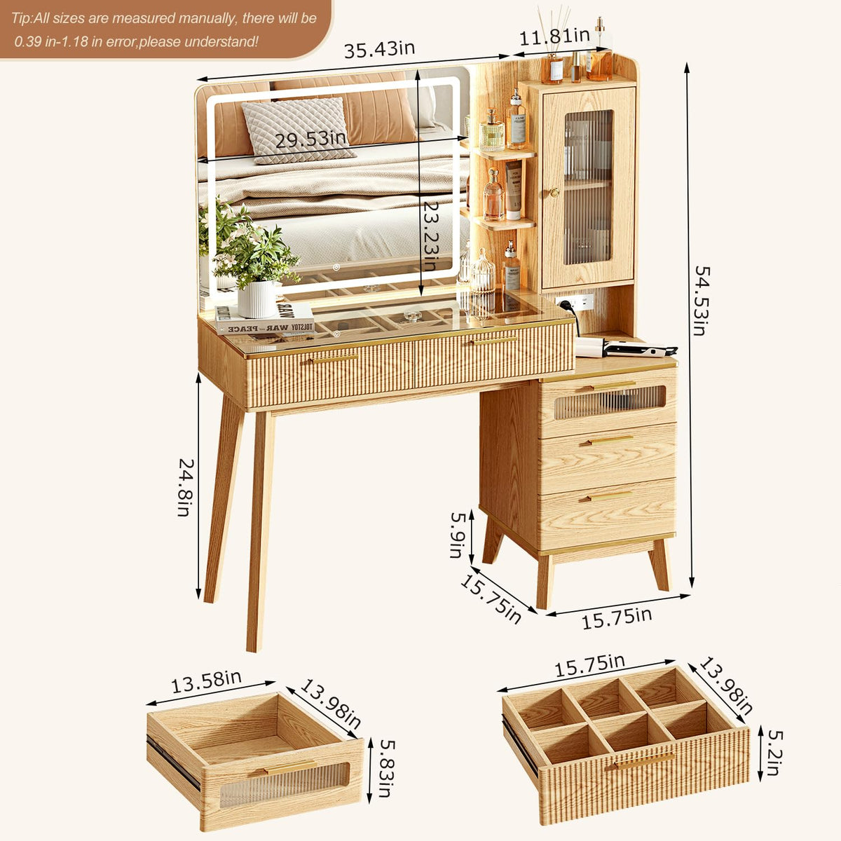 Arulvmrn Vanity Desk with 29.53" HD Lighted Mirror, 47.24" Big Modern Vanity Desk with Mirror and Lights, Makeup Vanity with 5 Drawers and Storage Shelves and Charging Station, Oak