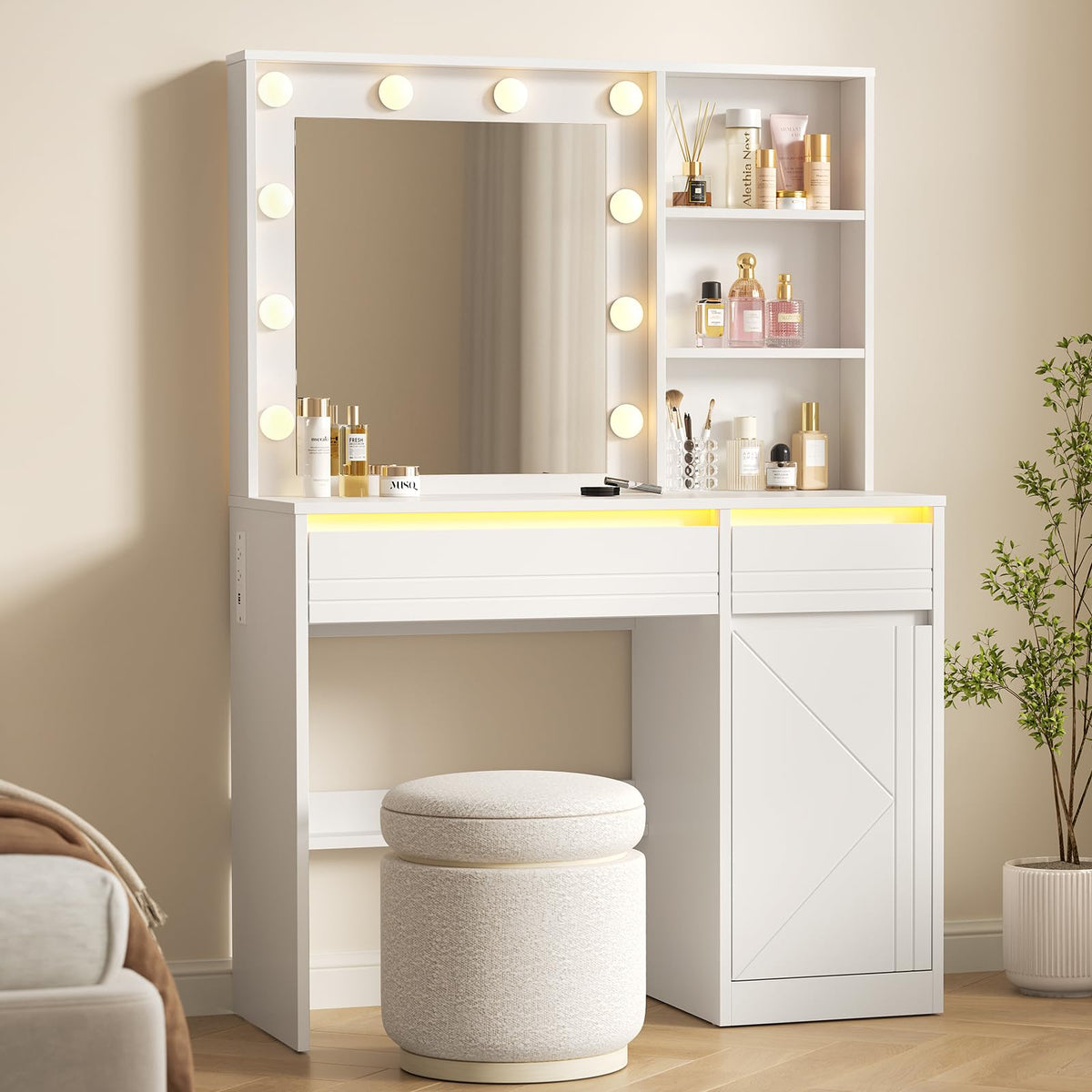 White Modern Makeup Vanity Desk with Mirror, LED Light & Removable Bulb