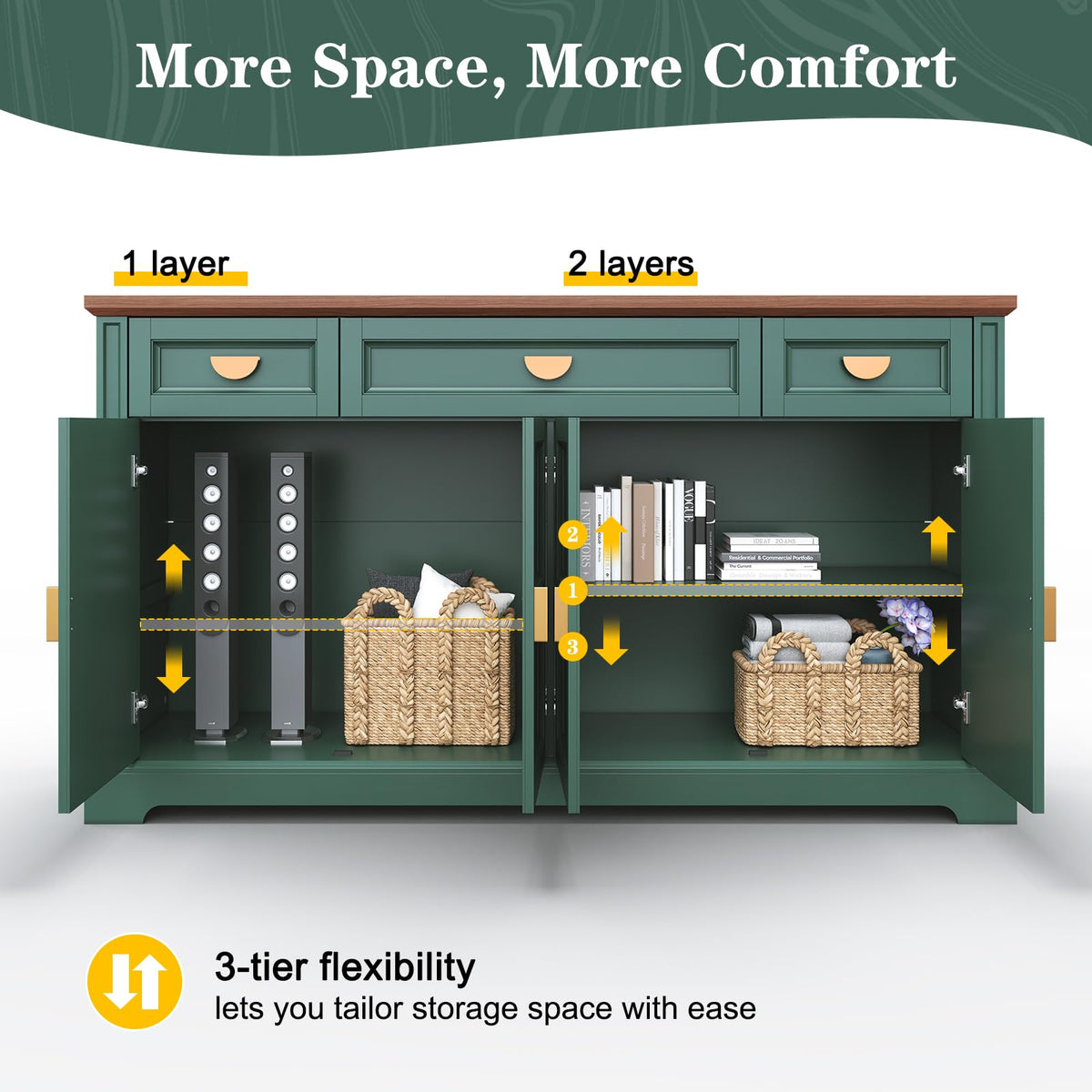 HLR 60'' Shaker-Style Large Sideboard Buffet Cabinet with Storage, Green