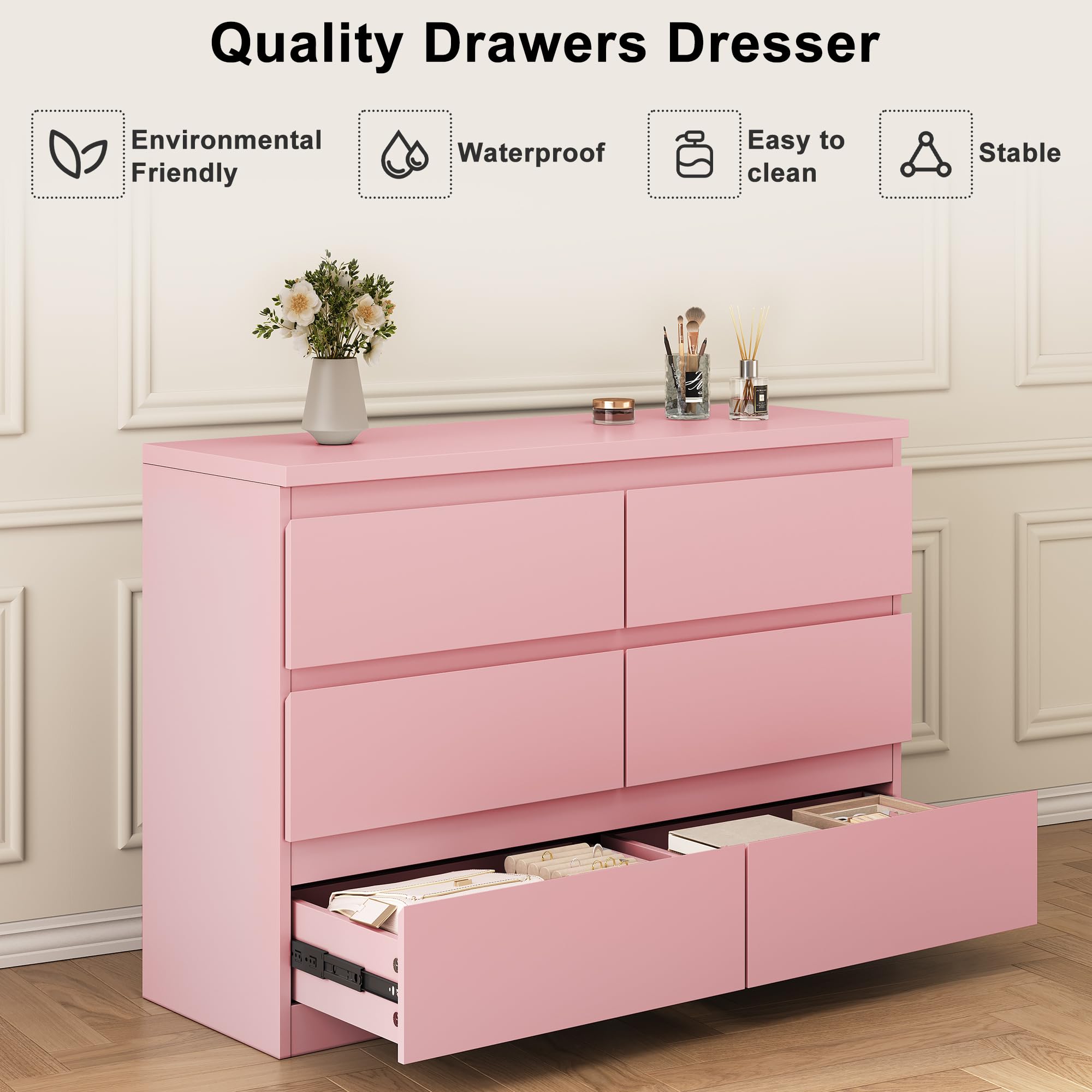6-Drawer Pink Dresser with Metal Rails