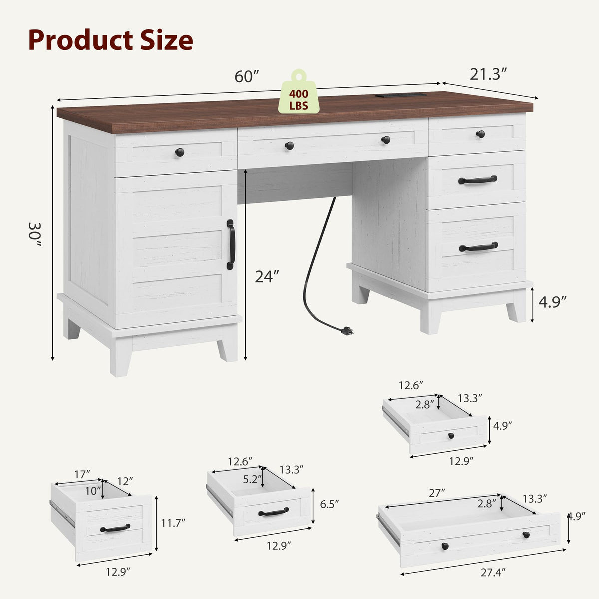 Farmhouse Executive Desk with Charging Station