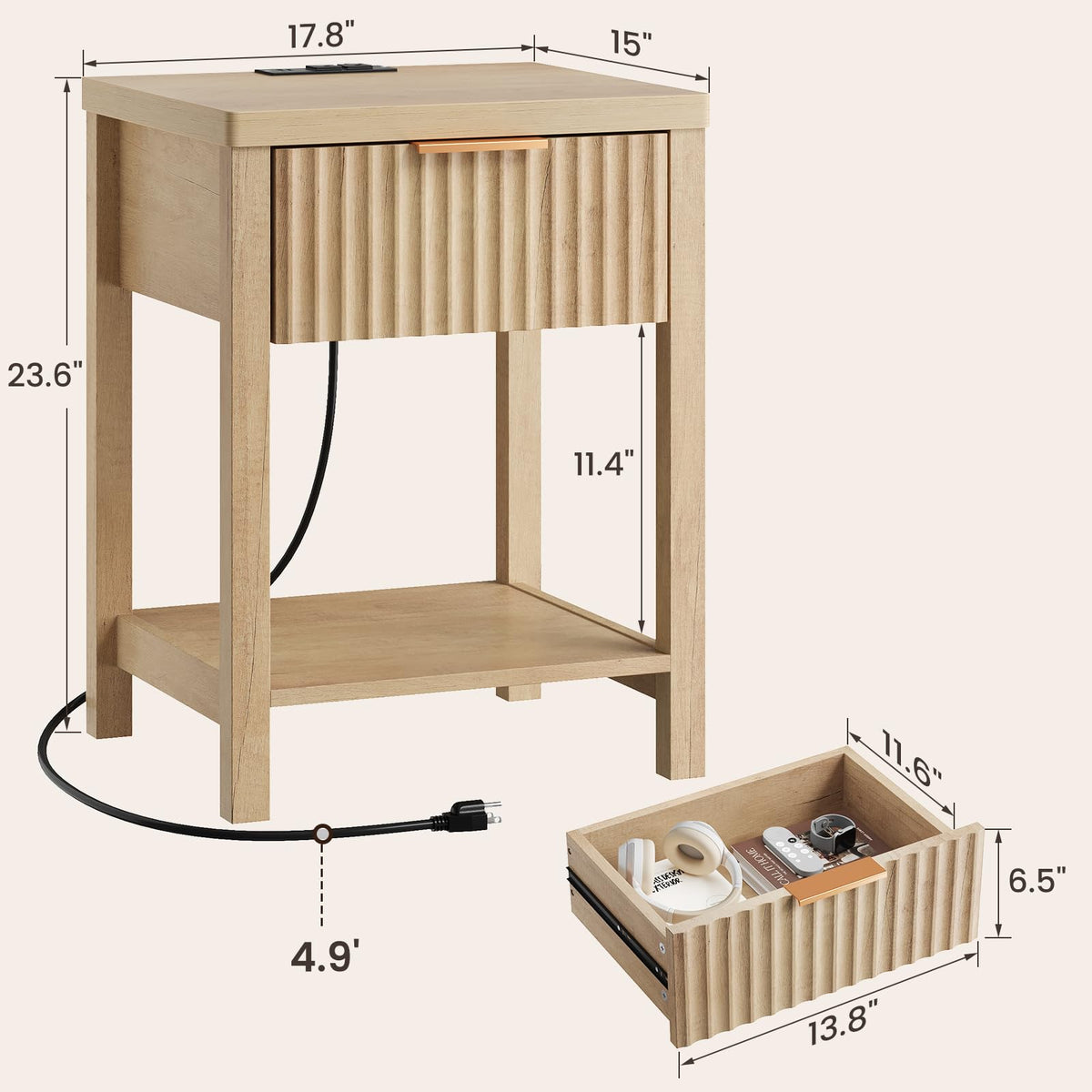 ELYKEN Fluted Nightstands Set 2 with Storage Drawer & Power, Natural Oak