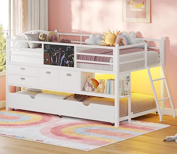 Low Loft Bed Twin with Trundle, LED Lights & Storage