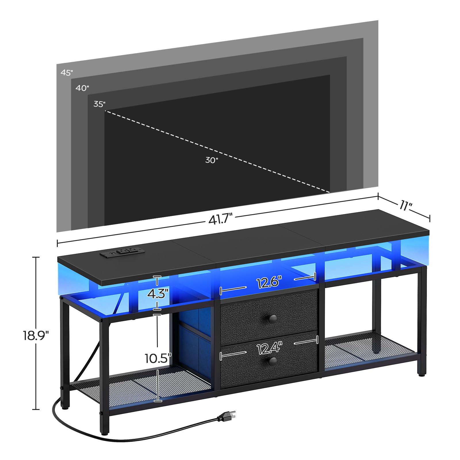 YATINEY TV Stand with LED Light and Power Outlets, Entertainment Center with Fabric Drawers and Open Shelves, 41.7" TV Cabinet for TVs up to 45 Inch, Media Console for Living Room, Bedroom, DS03UDBB