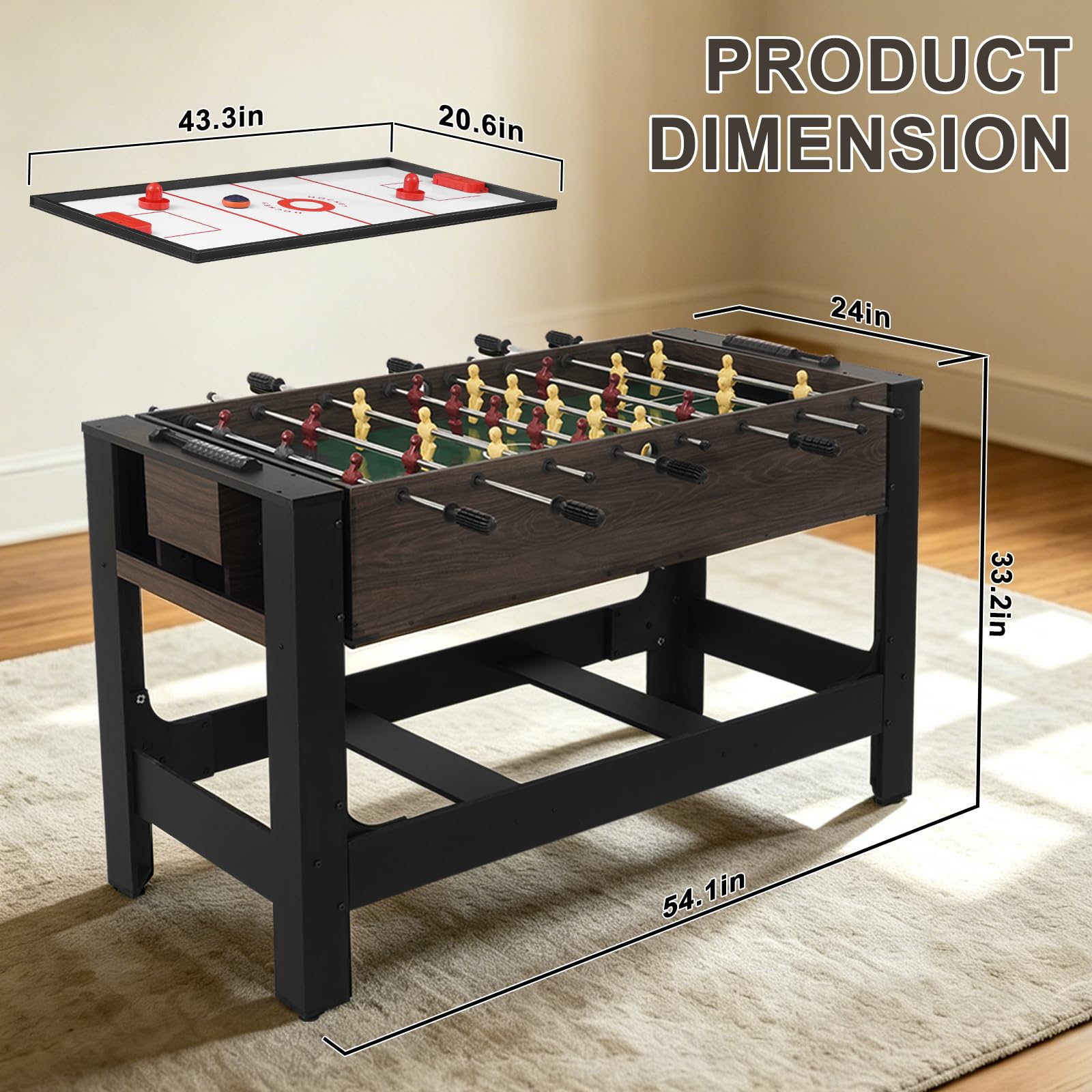 54" 4-in-1 Swivel Multi Game Table, Combo Game Table Set w/Air Hockey, Billiards, Foosball, Table Tennis for Adults, Space-Saving Sports Table for Home Game Room Party