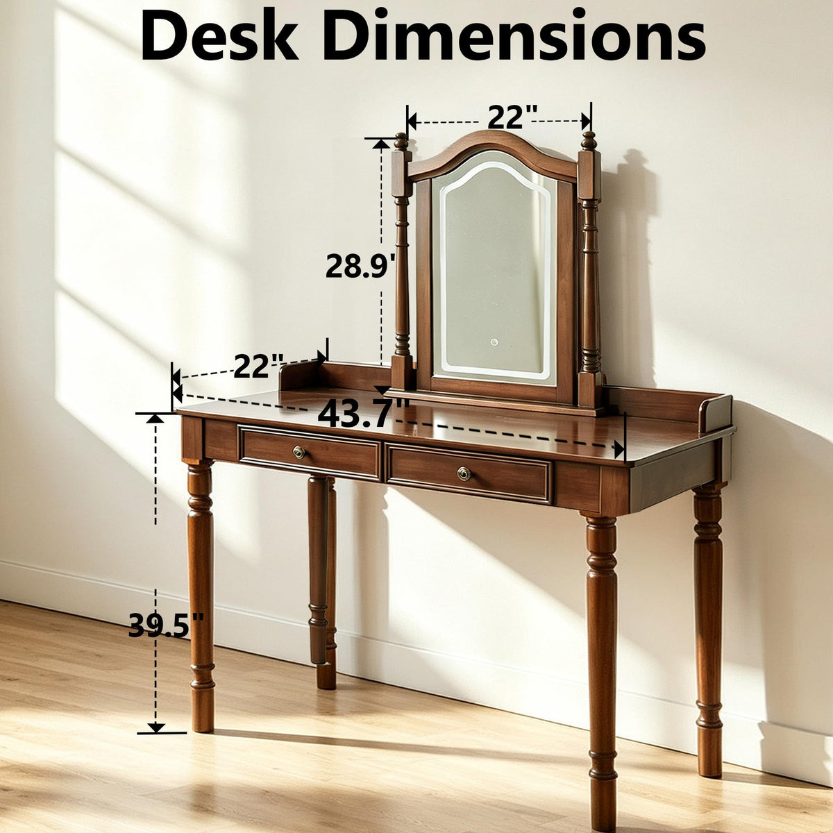 SUSVQLXG 43.7"×22“ Makeup Vanity Desk with 2 Drawers and Smart LED Mirror,Antique Small Vanity Table for Bedroom with Touch-Dimmable and Adjustable-Height Mirror