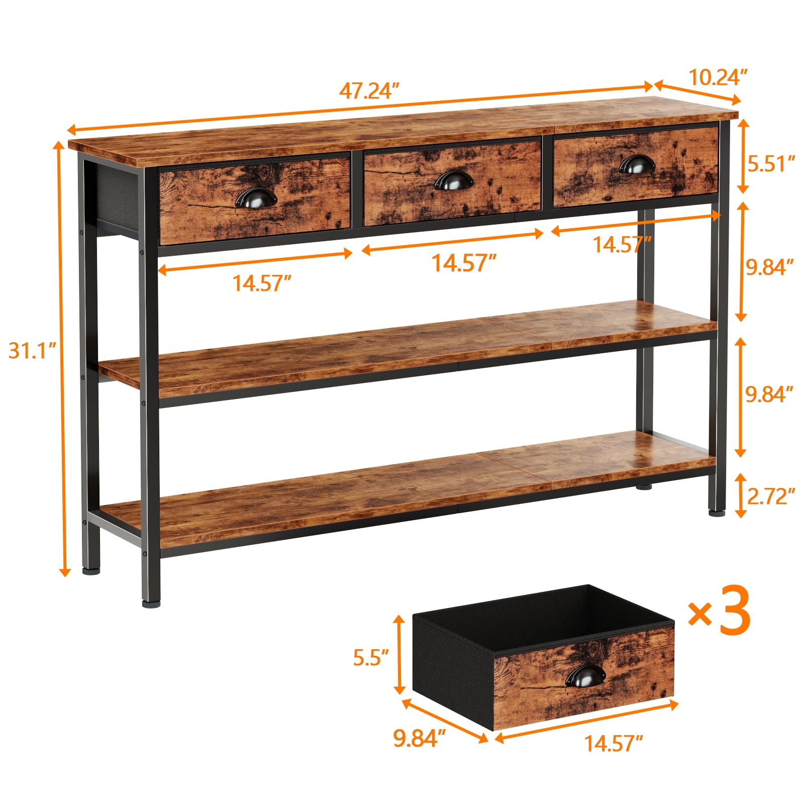 47" Console Table with 3 Drawers & Storage Shelves