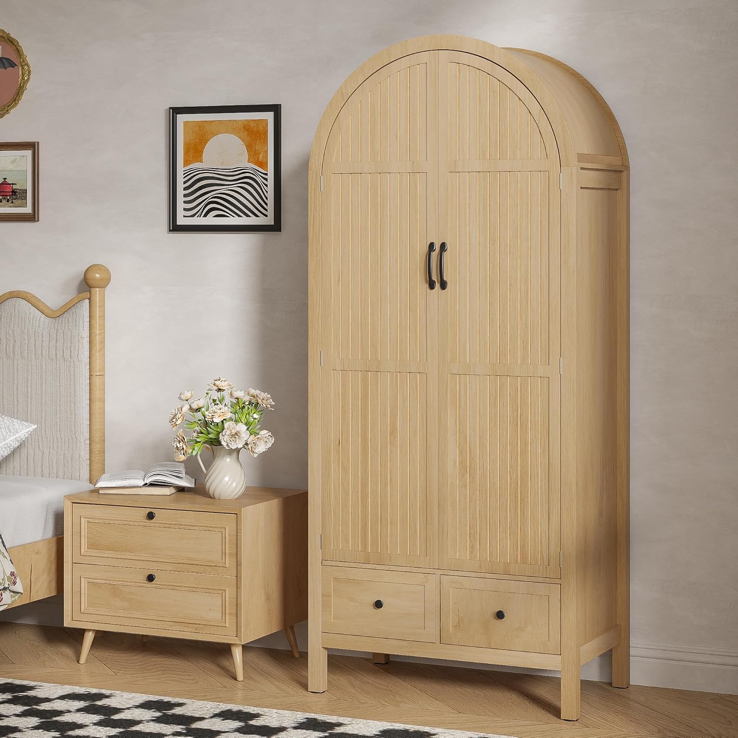 Lxsxlome Wardrobe Closet, Armoire Wardrobe Closet with Drawers and 2 Arched Fluted Doors, 70.87‘’ Tall Wooden Bedroom Armoires with Shelves and Hanging Rod (1, Wood Color)