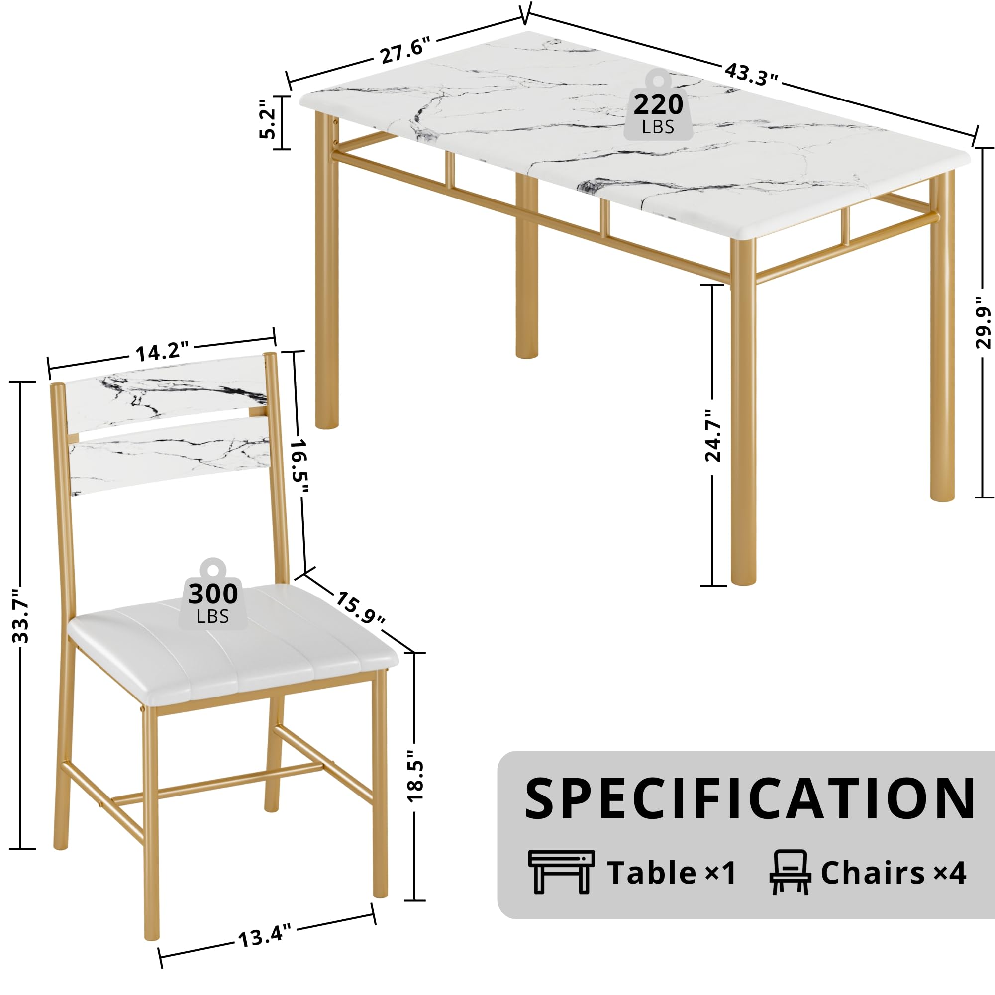 IRONCK Dining Table Set for 4, Wood Kitchen Table with Upholstered Chairs for Kitchen & Dining Room, Compact Dining Set for Small Spaces, White & Gold