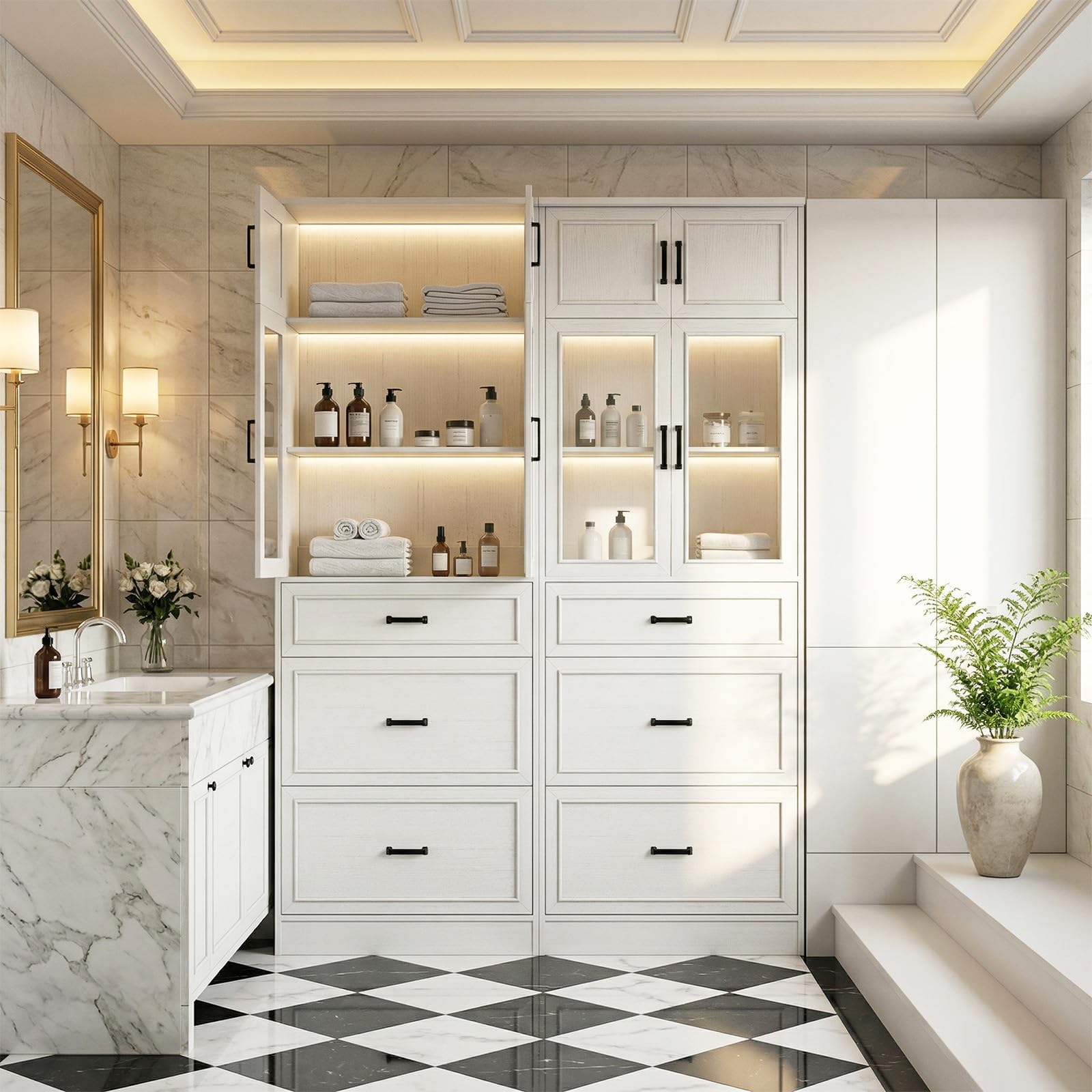 Unikito 80" Tall Kitchen Pantry Storage Cabinet with Glass Doors, Adjustable Shelves & 6 Drawers, Versatile Tall Storage Cupboard for Kitchen, Dining Room, Living Room, Bathroom, Off White