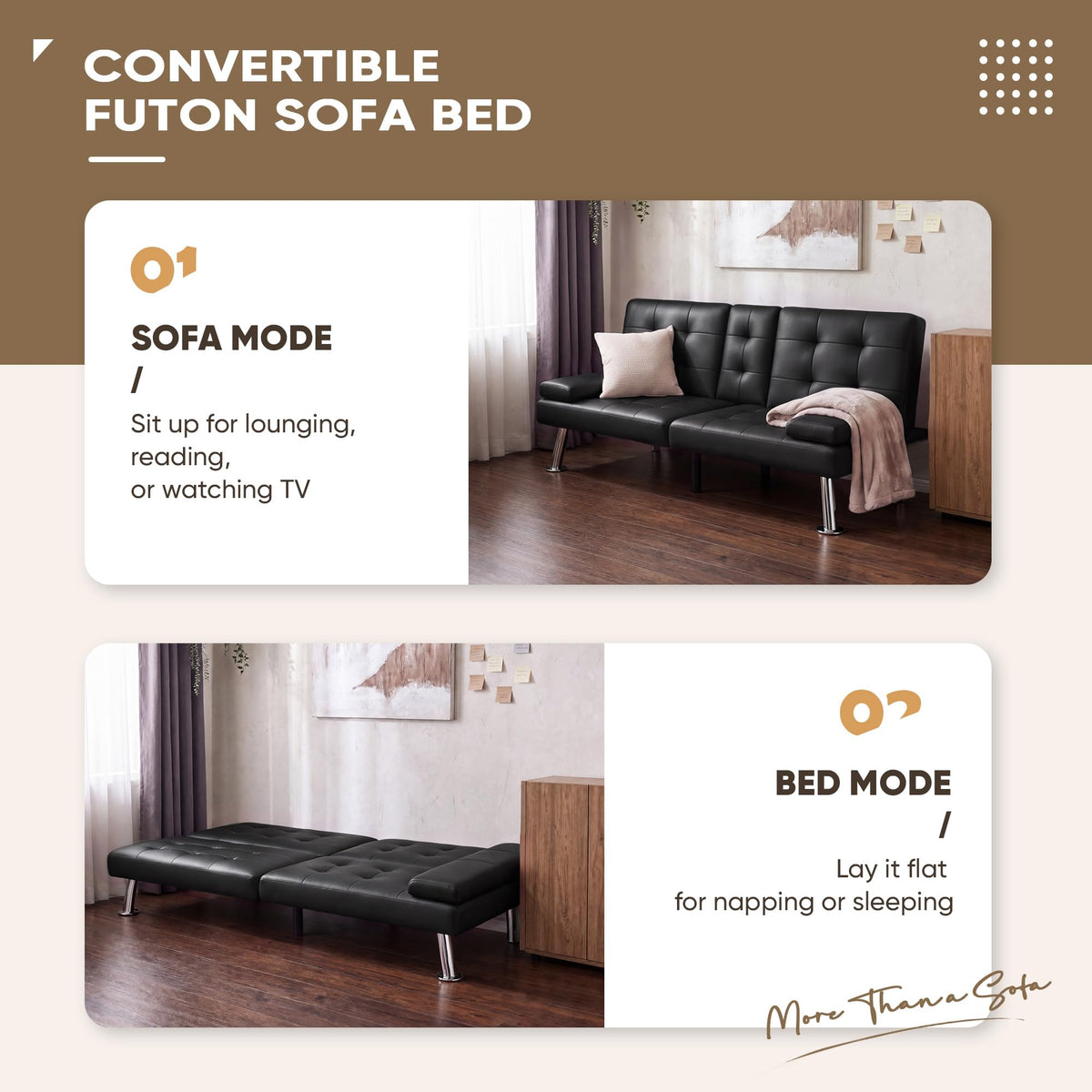 JUMMICO Faux Leather Futon Sofa Bed, Sleeper Sofa with Adjustable Backrest