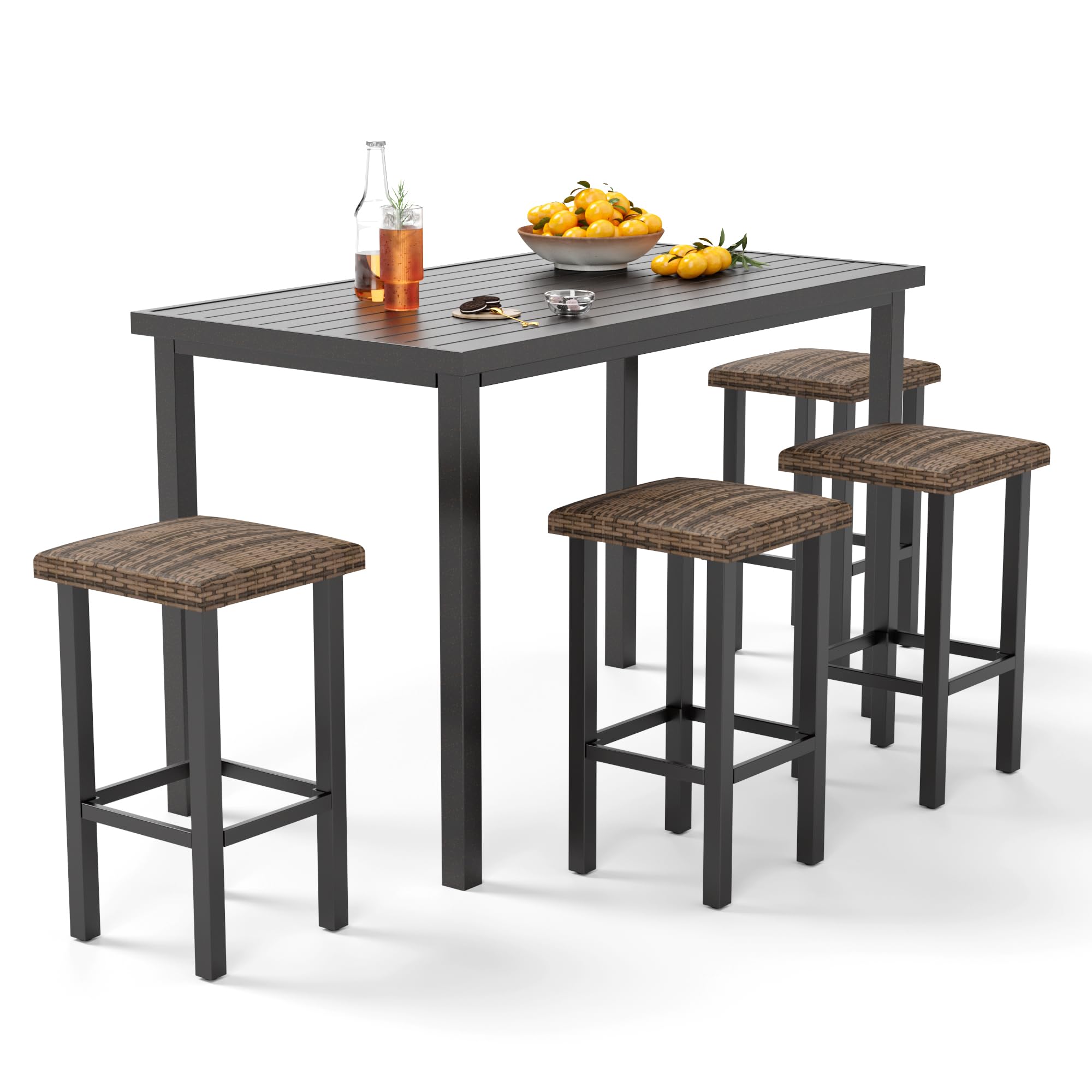 PHI VILLA 5 Piece Patio Bar Set, Black Wood Grain Metal Bar Table & 4 Wicker High Bar Stools, Bar Height Outdoor Dining Set for Porch, Yard, Deck, Poolside