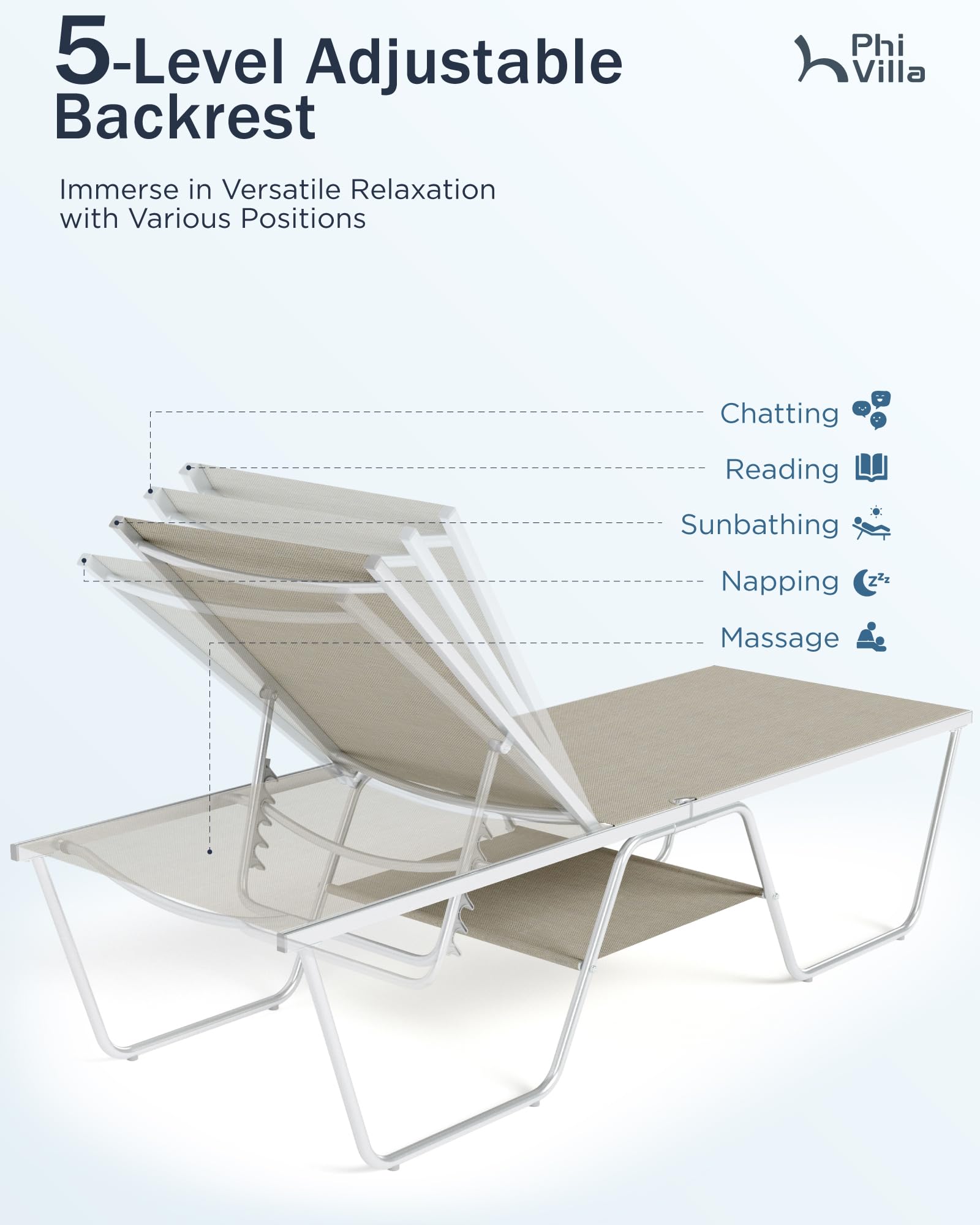 PHI VILLA 78" Oversized Outdoor Chaise Lounge Chair, 27" Extra Wide Foldable, 5-Position Adjustable, UV50+ Textilene Mesh, Rust-Proof Frame, Khaki Beige